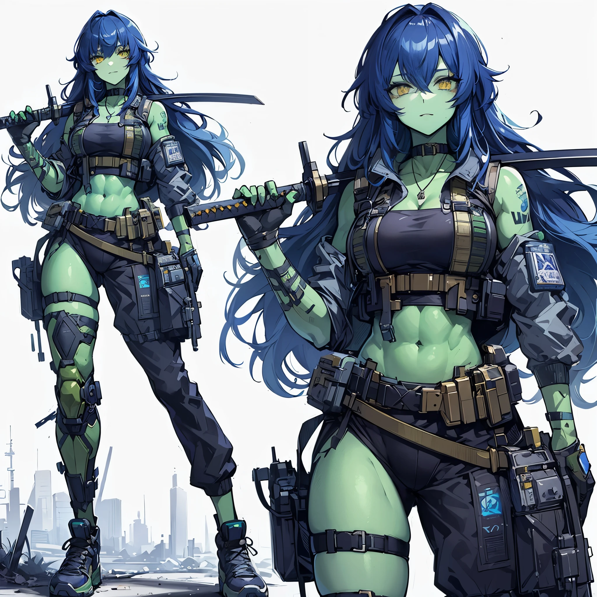 (Masterpiece, top quality), (detailed hair), ultra detailed, anime style, full body, solo, Cyberpunk orc girl, Muscular but feminine body shape, wearing a work uniform, night blue hair and yellow eyes, pale green skin, holds a sword in a scabbard, wears high tech sneakers, standing in wasteland, white background, whole body, winning smile
