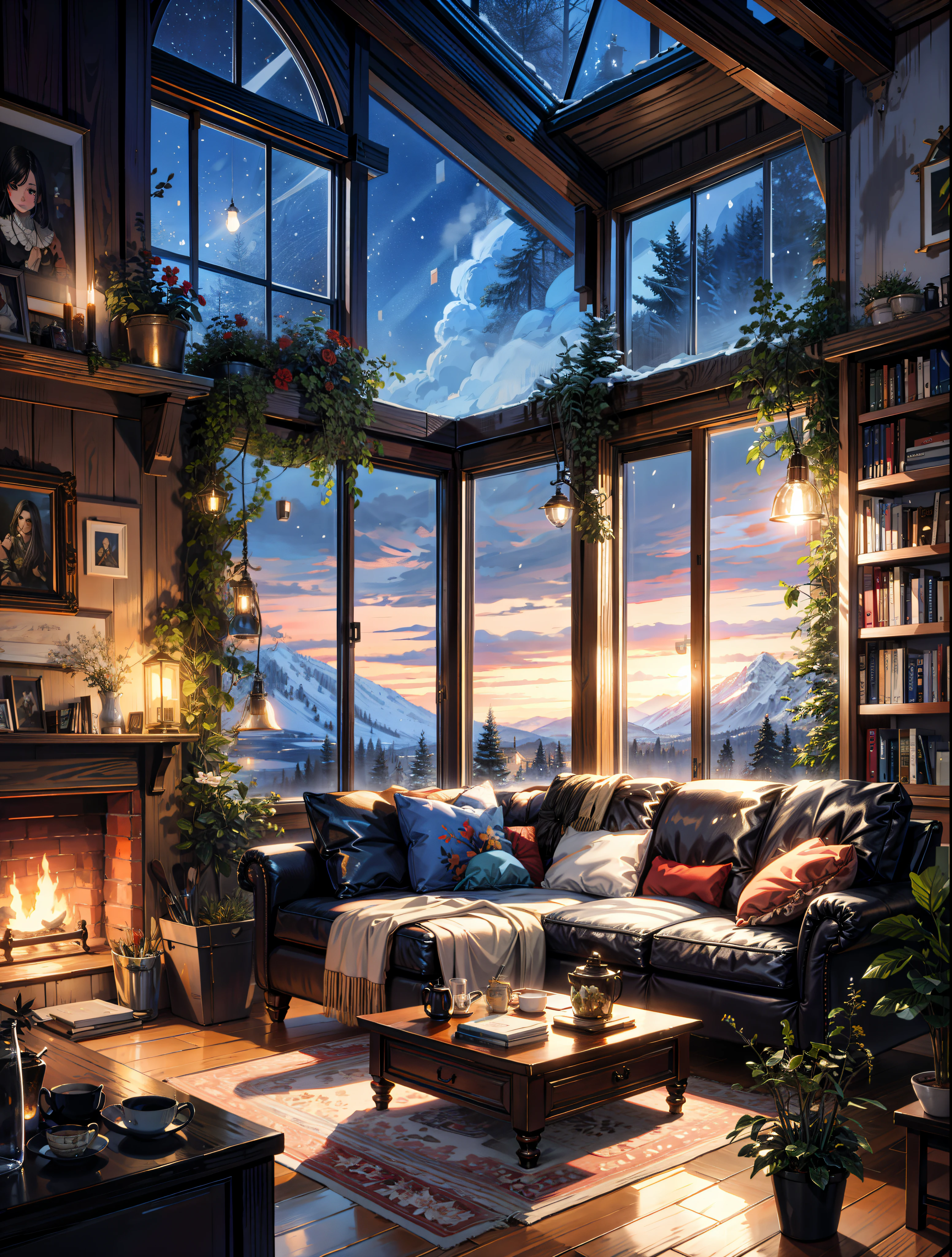 painting of a canada montreal living room, beautiful snowy view, big window, fireplace,sofa,quill,book,rugbeautiful calm lofi vibe,bushes,flowers, residential area,golden hour, snowy night,dusk,4k hd, cloud,beautiful art uhd 4 k, a beautiful artwork illustration, beautiful digital painting, highly detailed digital painting, beautiful digital artwork, detailed painting 4 k, very detailed digital painting, rich picturesque colors, gorgeous digital painting