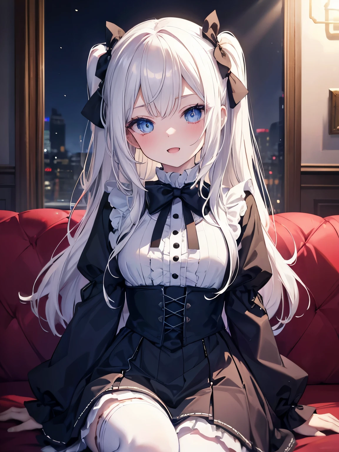 masutepiece, Highest Quality, (Perfect face:1.1), (high detailing:1.1), (ultradetailed eyes), Dramatic, superfine illustration, Extremely detailed, 1girl in, teenager,(pale skin), long white hair, Ethereal eyes, Blue eyes,blush,Solo,Smile, Happy, Laugh, Enjoy, Open mouth, Pouty lips,Cinematic lighting, upper body,looking up,learning forward,Long sleeve, Gothic lolita, frilld, bow ribbon,knee high socks,indoor,living room,night