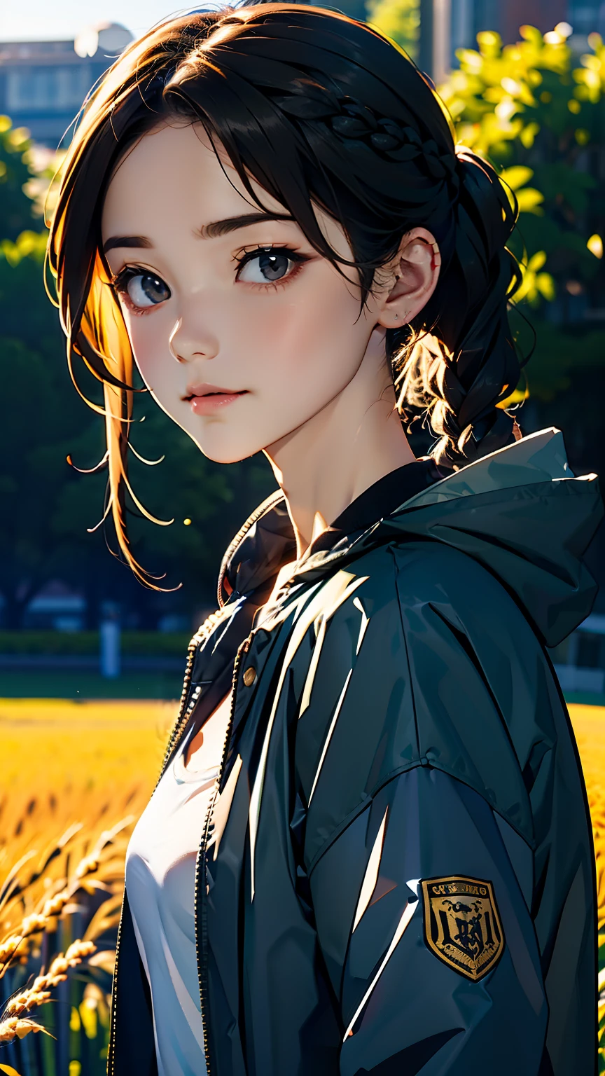 one woman、cute face、Also々new expression、Japanese、charming eyes、cream hair、french braid、14 years old、gray eyes、camisole dress、blue jacket、outdoors、Alsoとした佇まい、wheat field