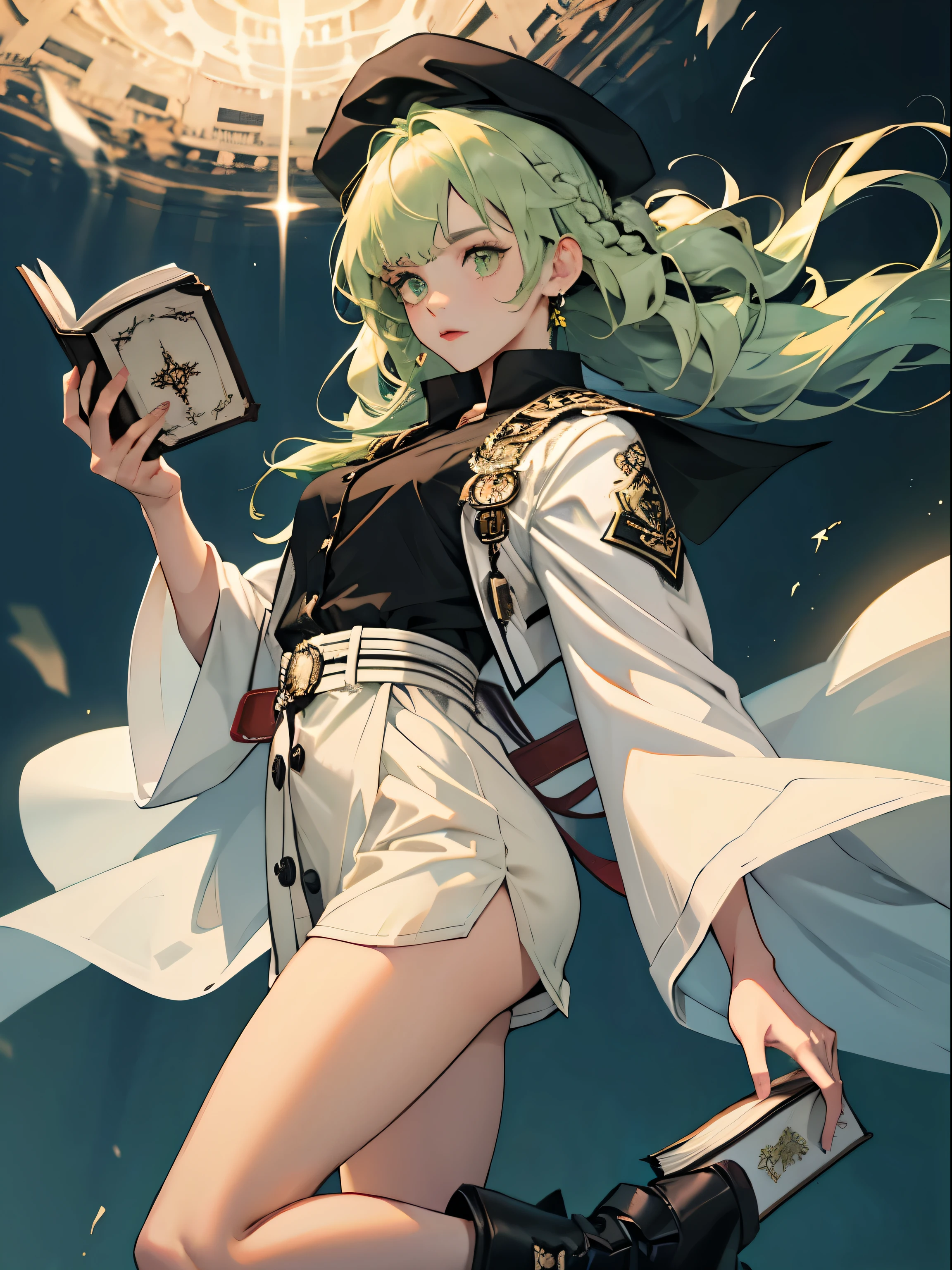 masterpiece, super detailed, 8K portrait, RAW photo, portrait photography, highly detailed face, beautiful and detailed eyes, ((fantasy)), young and beautiful, 22 years ago, (((droopy eyes))), dynamic pose, (((light green hair with medium wavy))), ((Braided twintails)), parted bangs, white skin color, luxury, (((Black Mortarboard Cap))), (((Long cloak of white silk))) fluttering in the wind, (((Many Button Shirt Dresses))), (((black shorts))), High Cut Leather Boots, ((Magic book in hand)), midday sun, surreal, body model, small breasts, beautiful breasts, long legs, inside the castle, environmental lighting, shadow details , Focus the camera on the thigh, strong wind, light fog