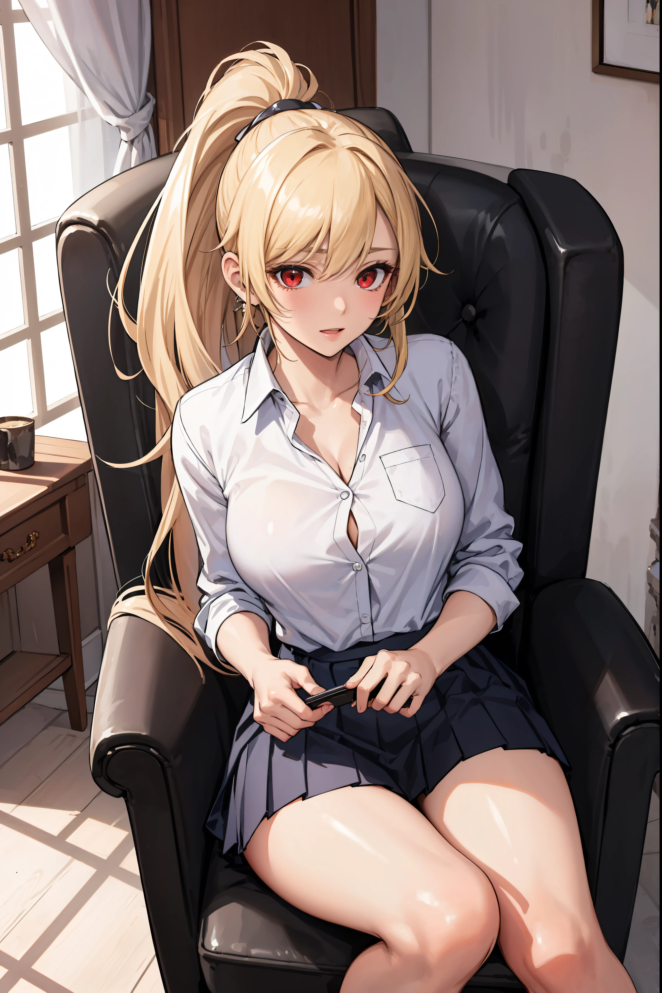 (masterpiece:1.2, highest quality), 1 female, alone, school uniform,blonde, ponytail, red eyes, (black skin),open chest,big breasts,beautiful hands,beautiful fingers,sexy,sit in a luxurious chair