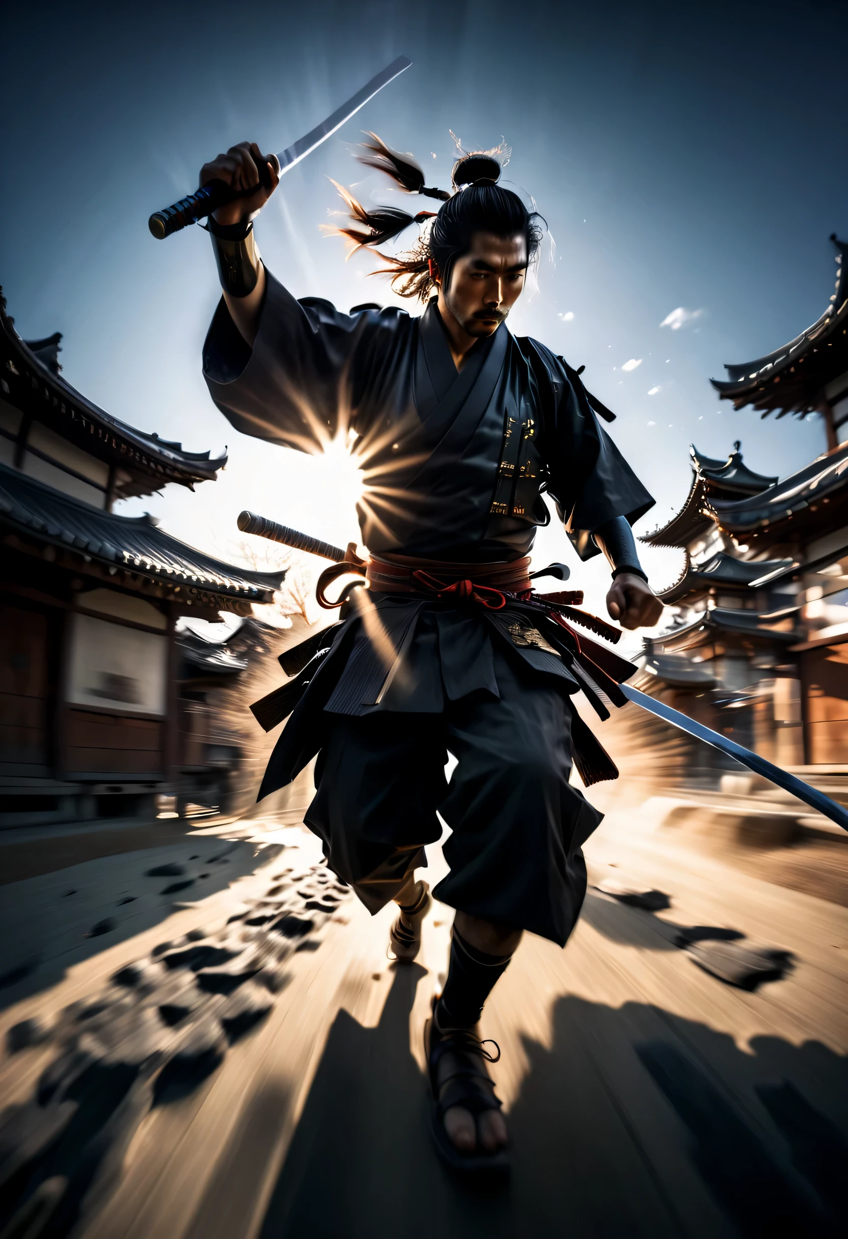 samurai holding sword (running) To the audience, Samurai sword, (motion blur), (running:1.2), (Dynamic), sun rays, (Photographed by go pro:1.3), (taken by 7.5mm fisheye lens), (best quality, masterpiece, representative work, official art, professional, Super complex and detailed, 8k:1.3)