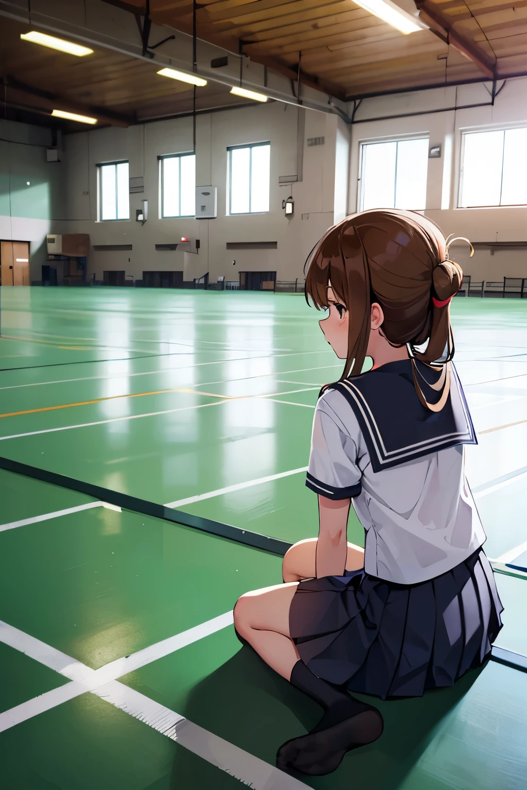 I am sitting on the floor of the school gymnasium and observing classes because I am not feeling well.(masterpiece, best quality:1.2),illustration,8k,hd,1girl,solo,upper body,(portrait:1.2),brown_hair,folded_ponytail,brown_eyes,serafuku,long_hair,school_uniform,skirt,pleated_skirt,