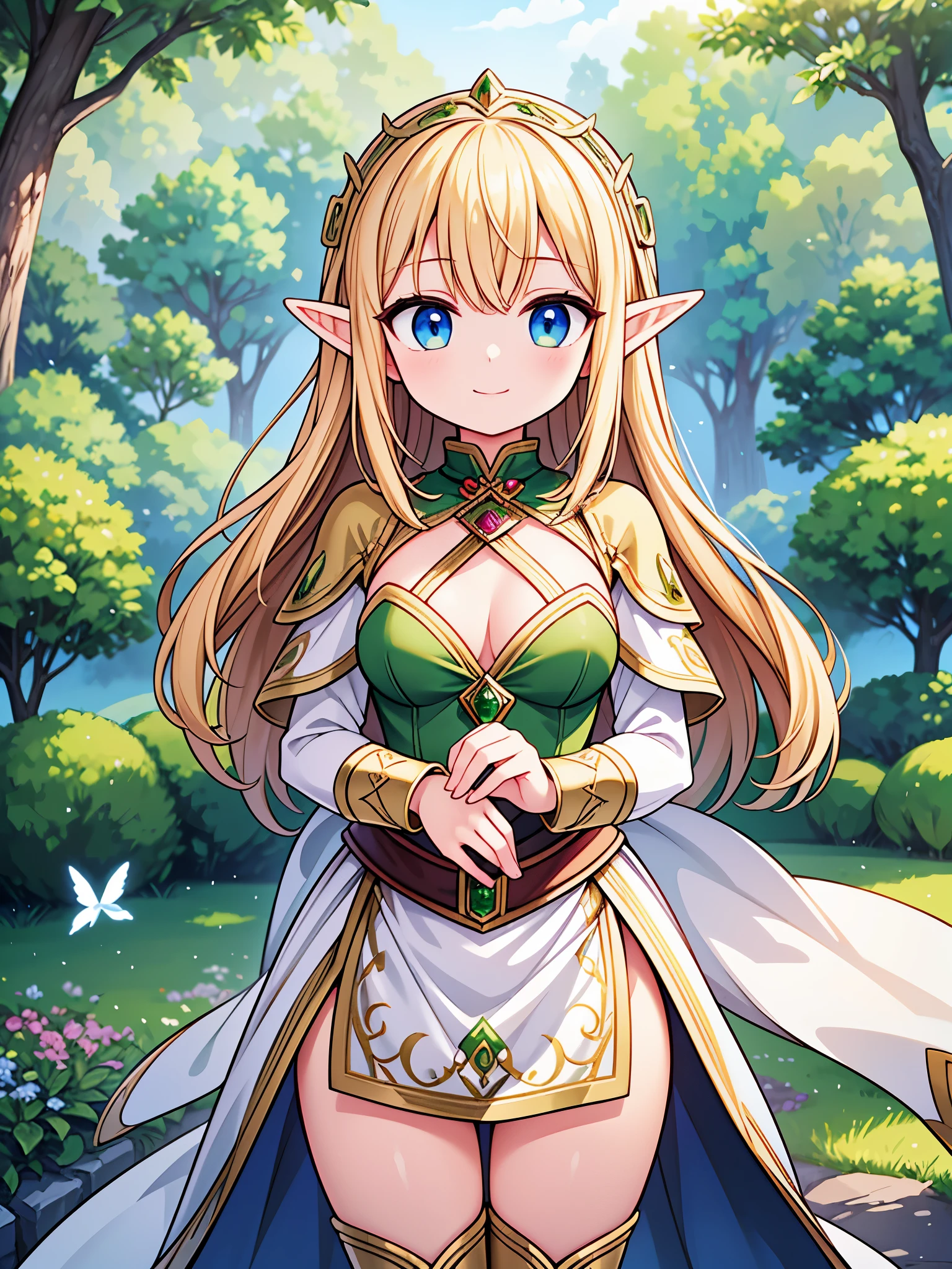 ((highest quality)),(ultra high resolution),(Super detailed),(detailed description),((best CG)),(best work of art),super precision art,amazing drawing art,(Fantasy art with precise details:1.5), (female elf:1.6),Finely detailed leather armor:1.7,elaborately crafted circlet:1.8, She stands by the riverside in the meadow where the wind is blowing, looking at you and smiling.。The soft sunlight surrounds her。I can see the little birds flying around energetically.。