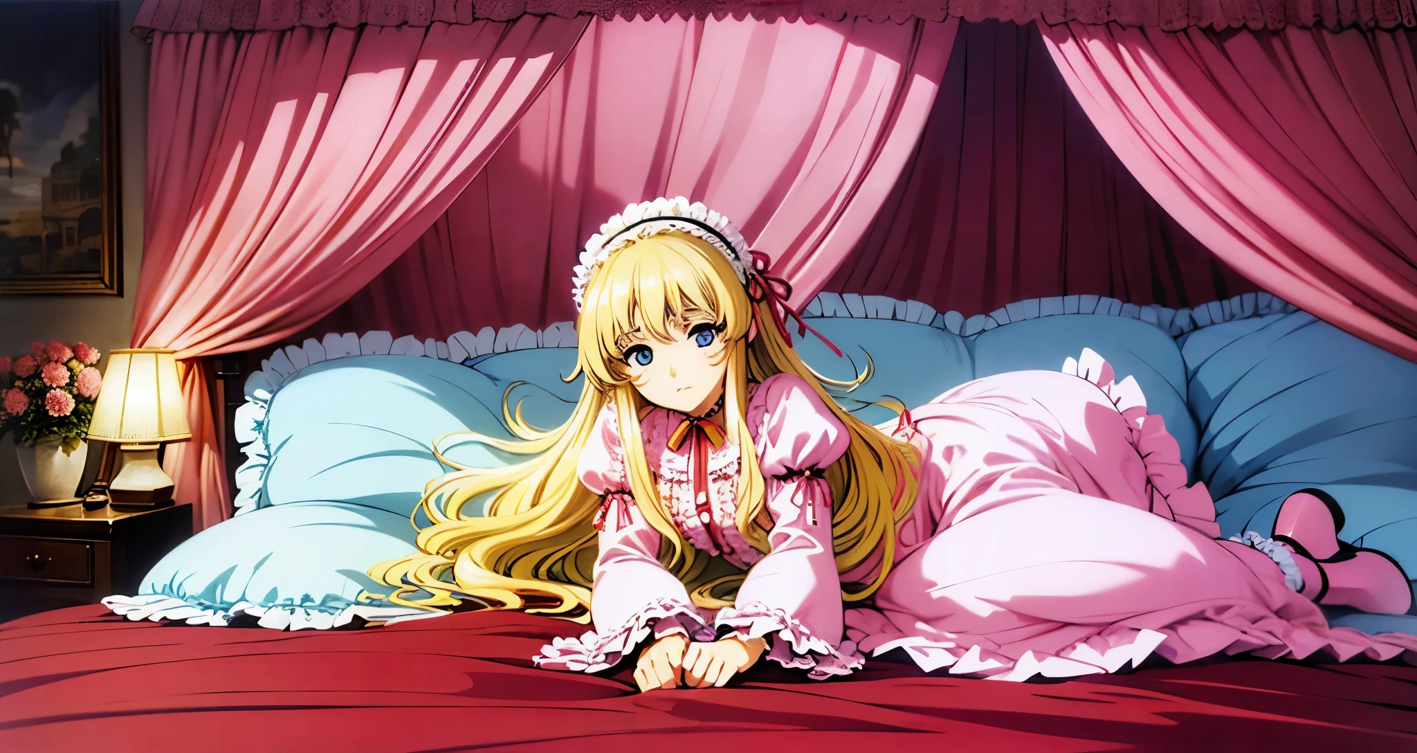,highest quality, masterpiece, highest resolution, artwork, super それにget used to it, many get used to it, get used to it, それにget used to it, 3K anime illustration,(( 10 year old girl)),Super detailed baby face,high quality small face,long blonde hair that grows to the waist,blue eyes,白い肌のeuropean,pajamas, european,(((super long blonde hair))),curly hair,blue eyes,((((ピンクのロリータファッションのlong skirtのワンピースドレス)))),((Pink dress with plenty of frills and ribbons)),((Luxurious headdress with frills and ribbons)),Detailed headdress,,(((big yoke collar))),Yoke collar with ruffles and ribbons,((((long sleeve)))),ruffle sleeves,((((long skirt)))),white ruffle and lace socks,large frill and ribbon pillow,(((fine pink costume))),豪華なcanopy bedの上,canopy bed,The bed is surrounded by luxurious curtains,many frilly pillows on the bed,A lot of frilly pillows behind the girl,super detailed background,detailed bed,soft pink comforter,Super detailed soft ruffle pillow,Beautiful girl illustration,super detailed beautiful face,detailed hair,detailed eye ,super detailed eyes,Super detailed eye highlights,super detailed mouth, arm details,fine hands,Detailed pillow,wide bed,Illustration on the bed, ,((((round futon)))),((((A large ruffled futon that covers the entire bed)))),detailed comforter,detailed bedシーツ,Before bedtime,romantic atmosphere,palace bedroom,((((The lower half of the body is hidden under the futon and the puffy skirt...)))) The girl is leaning on a pile of pillows, ,((((round futon)))),((((A large futon with frills that covers the entire bed)))),hugging a pillow,not wearing shoes,