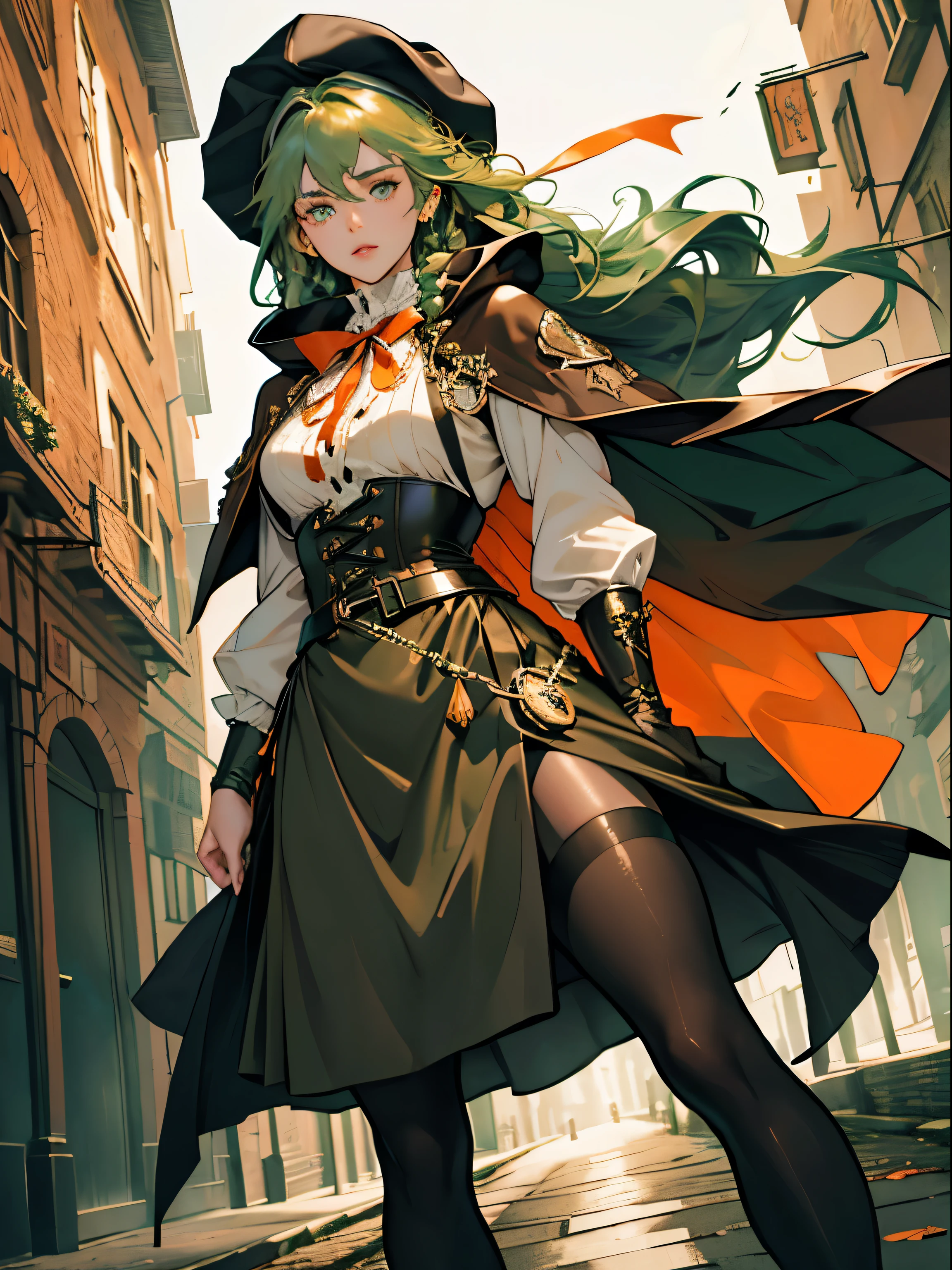 masterpiece, Super detailed, 8K portrait, RAW photo, portrait photography, highly detailed face, beautiful and detailed eyes, ((fantasy)), young and beautiful, 22 years ago, dynamic pose, (((long straight deep green hair))), ((One side is woven with orange ribbon)), dull bangs, beret, white skin color, luxury, hooded (((Dark brown))) (((Silk Long Cloak))) fluttering in the wind, (((dress shirt))), (((silk maxi skirt))), leather corset, (((dark thigh high tights))), High Cut Leather Boots, (((Lift a long magic wand))), ((wear a pocket watch)), midday sun, surreal, body model, small breasts, beautiful breasts, long legs, city, environmental lighting, shadow details , focus the camera on the face, strong wind, light fog
