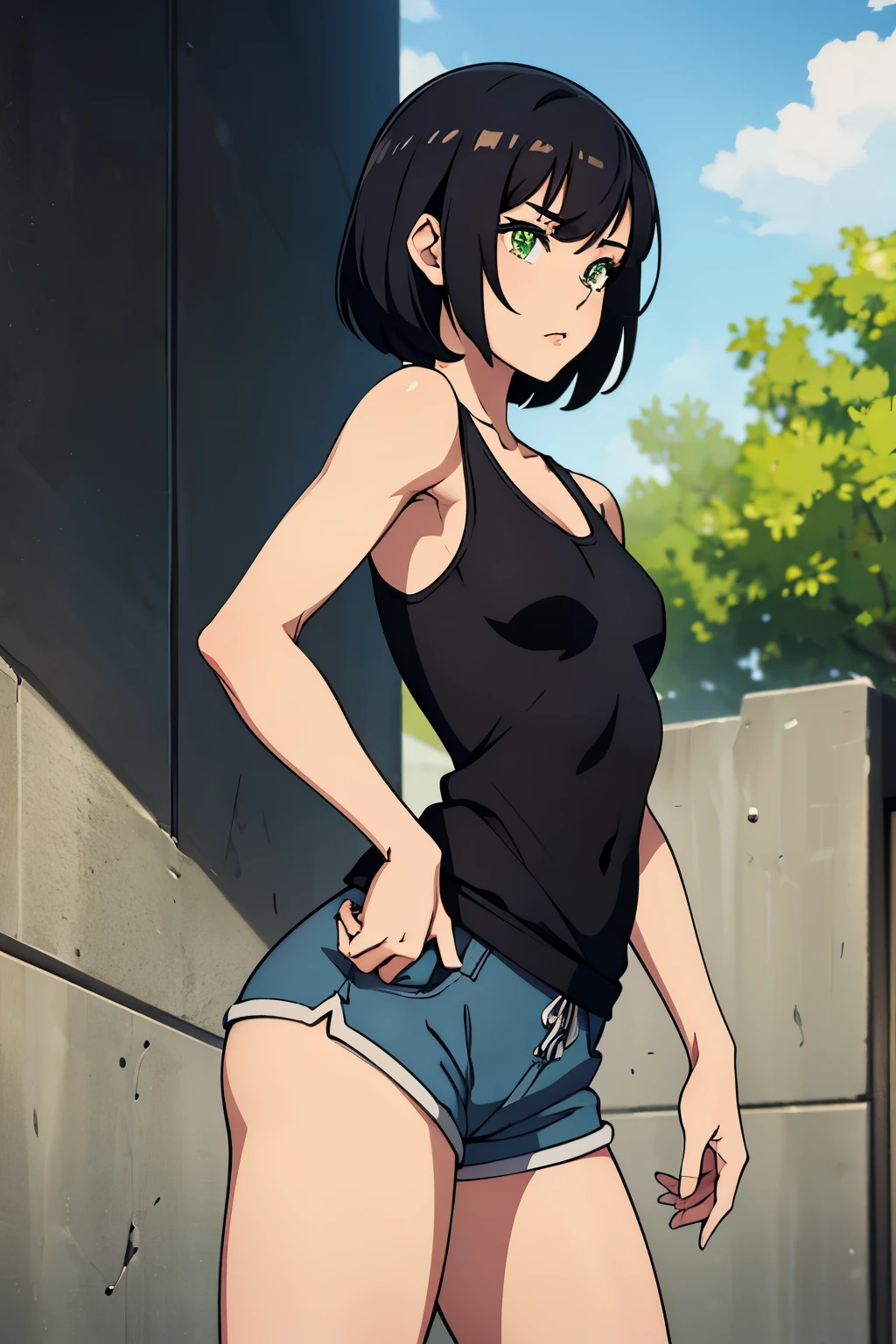 This girl is a slender young lady with attractive features. She is 165 cm tall and weighs 50 kg.. Her appearance is distinguished by her short black hair and attractive green eyes., which give it mystery and charm. Her body type is athletic, talking about her active lifestyle. She has small breasts, which emphasizes her femininity, as well as a large, a more substantial and attractive butt. Dressed in short shorts and a tank top