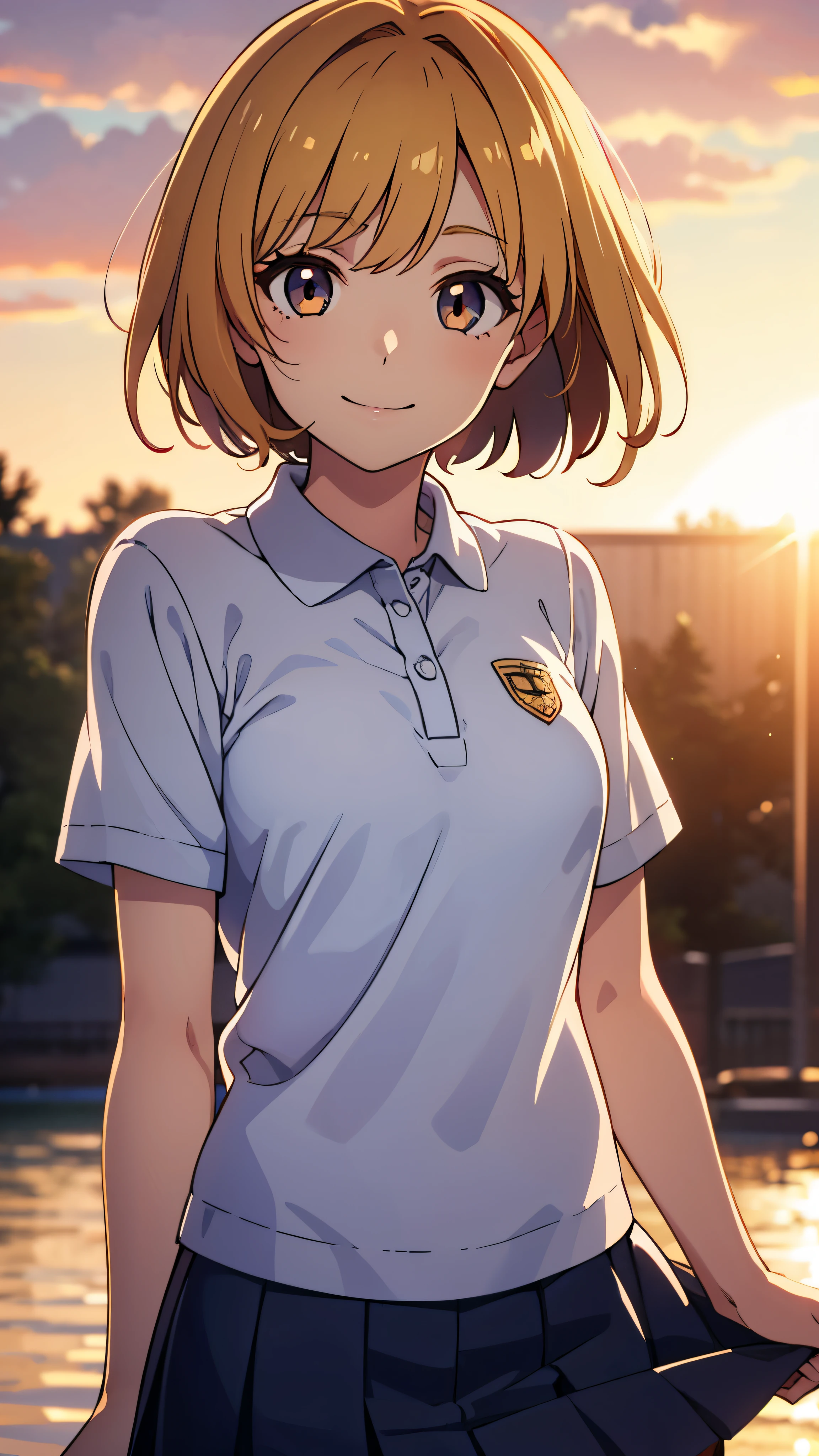 highest quality, detailed face, 1 girl, flat chest, smile, polo shirt, short skirt, excellent anatomy, (attractive, puffy eyes:1.2), soft focus, golden hour lighting, Depth of the bounds written, ((happy expression)), short cut hair,