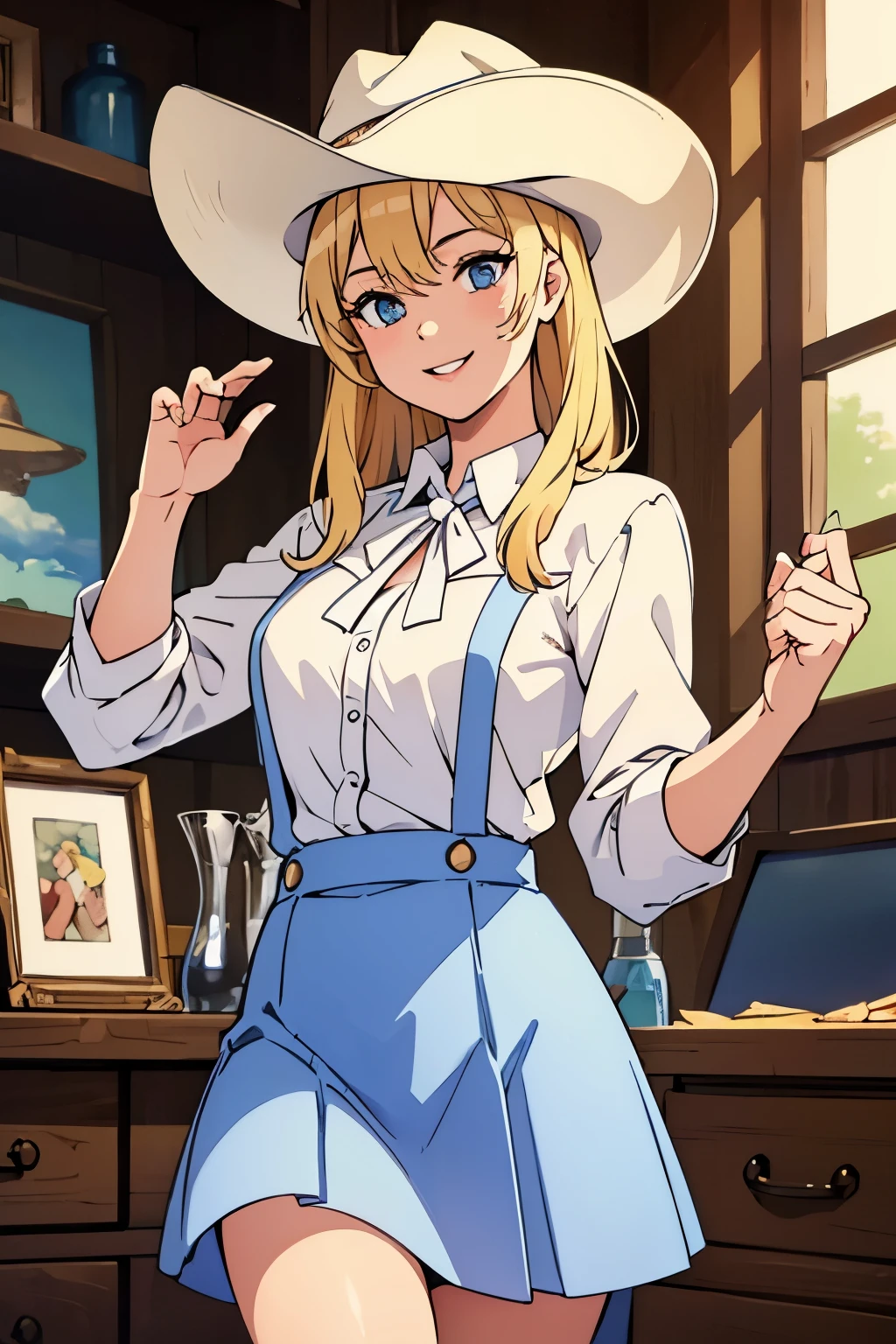 (Best quality:1.1), (Masterpiece:1.4), (Illustration fantastique:1.2), 1fille, cute girl, cowgirl, White shirt, short skirt, Blond hair, cowboy hat, Wide smile, cowboy