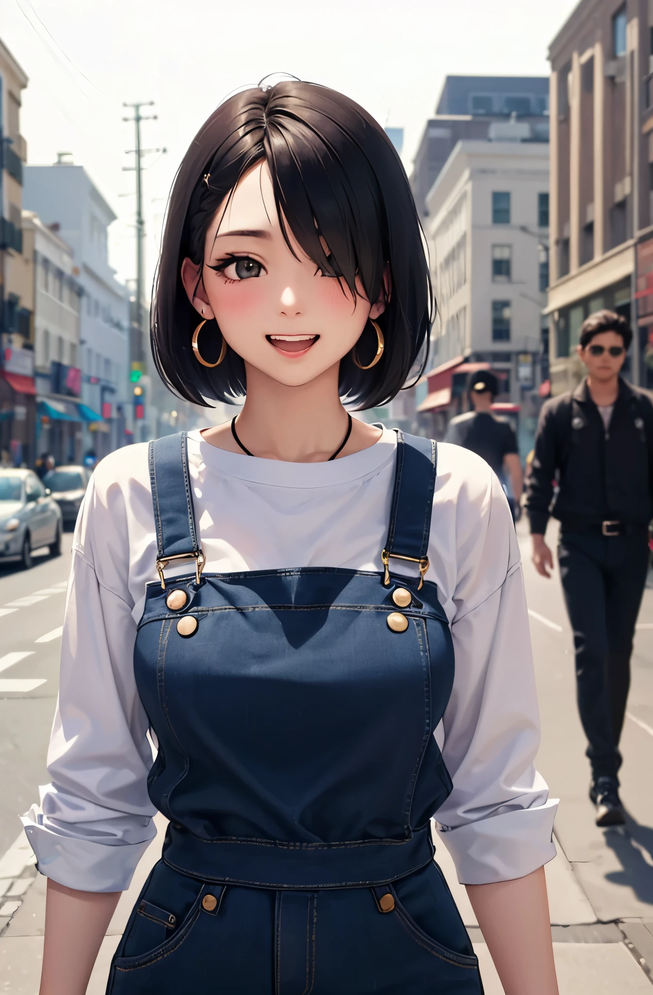 (masterpiece:1.5)、(highest quality:1.5)、(8K:1.2)、(Super detailed:1.2)、(realistic:1.2)、(ultra high resolution:1.2)、(Highly detailed and realistic skin:1.2)、(Very detailed and clean sharp eyes:1.2)、(beautiful sunshine:1.3)、(Couple walking down the street:1.3)、(The best smile with an open mouth:1.4)、(:1.3)、break、(18 year old woman with slender figure:1.2)、(beautiful eyeliner)、(beautiful eyeshadow)、natural color lip、break、(overalls:1.4)、break、break、(Medium black bob hair that covers one eye:1.3)、break、(big gold earrings:1.1)、(medium beautiful breasts)、(blushing cheeks:1.2)、