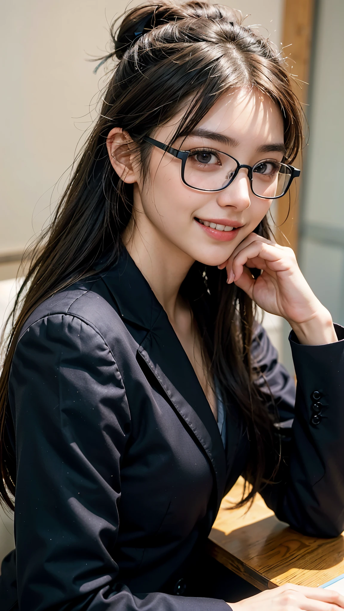highest quality, masterpiece, ultra high resolution, (realistic:1.3), (close portrait) RAW photo, 1 girl, 22 years old,Medium chest,mole on mouth,(((business suit))),((square glasses with thin black frames)),((long hair bun hair)),masterpiece, realistic pictures, japanese pictures, fuji negative film,POCARI SWEAT ads ((Medium chest)),((toothy smile)),brown hair