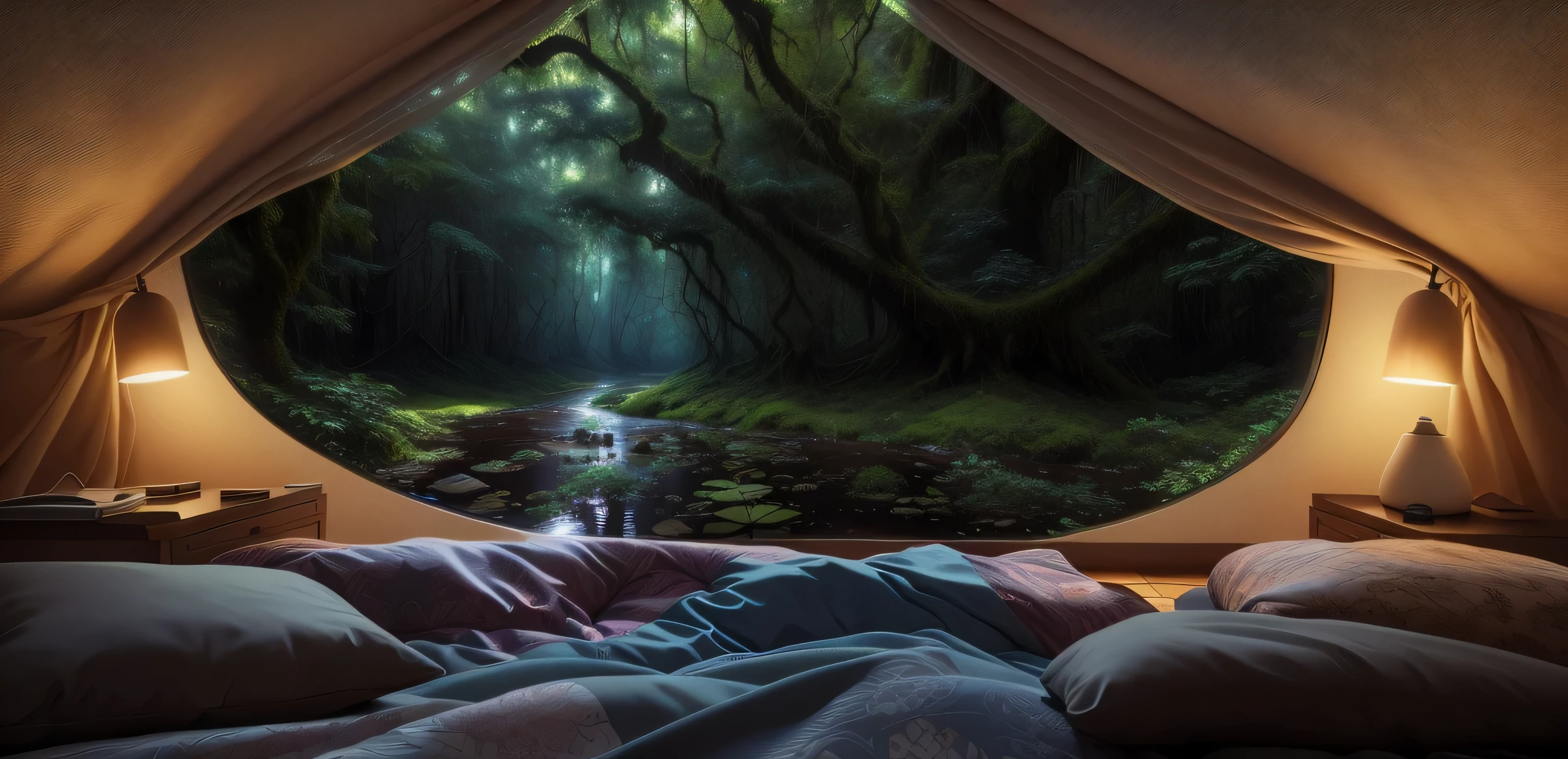 there is a bed with a view of a forest through a window, floresta coberta, Hyper-realistic adventure rendering, magical atmosphere, paisagem hiperrealista, paisagem de sonho detalhada, Arte altamente detalhada em 8k, hiperrealismo. fantasia 4k, all in the amazing outdoors view, dentro de um dia chuvoso, Arte deslumbrante em 8k, lugar aconchegante, dossel surreal