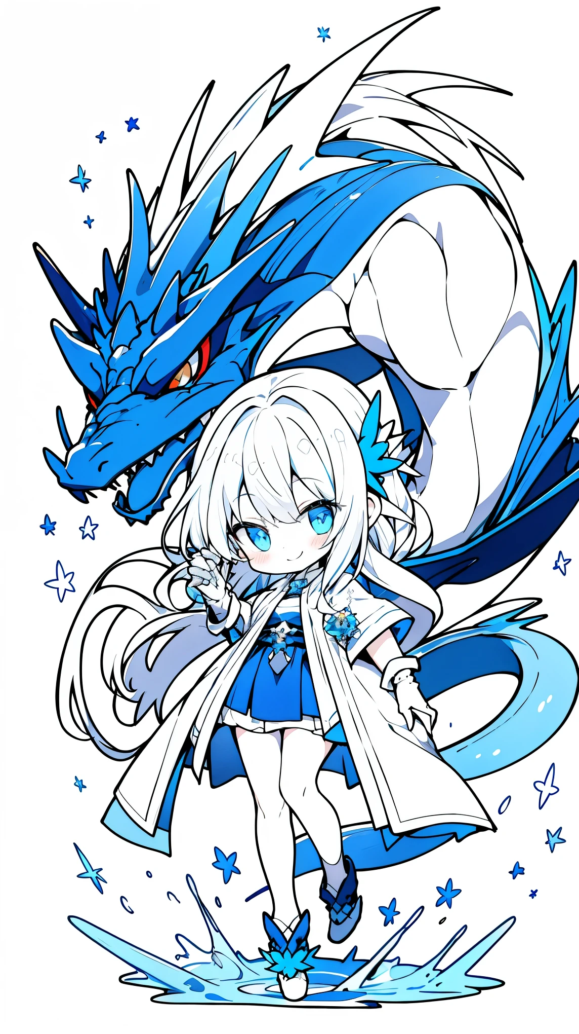 （（masterpiece：1.4，best quality））+，（Ultra-detailed）+，（super detailed eyes）+，（red leg rings：1.5），Cyan dragon horn
（cute girl），15 years old，（white eyes：1.15），silver hair，silver long hair，（Variza：1.2），pale skin，cold，Smile，一個誘人的Smile，green leaves，dragon girl，Dilapidated church，
（她穿着一件White连帽风衣，There&#39;s fluff on it：1.5），（White长裙：1.4），White shirt ，White gloves，blue ribbon，thin legs，cyan halo，dragon tail，Blue star，blue flowers，White的龙翼，
（White：1.1），
（Dawn light：1.2），White，
（Thick black and white：1.16），（depth of field：1.4），