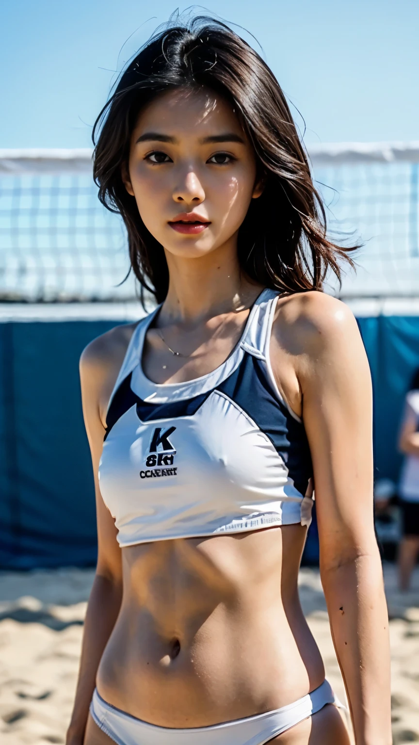 slender asian girl, K-POPアイドル, ((beach volleyball)), ((highest quality, 8k, masterpiece: 1.3)), sharp focus: 1.2, beautiful woman with perfect figure: 1.4, Highly detailed face and skin texture, fine eyes, skinny, beautiful face, symmetrical face, full length, a little naked, sexy, partially visible
