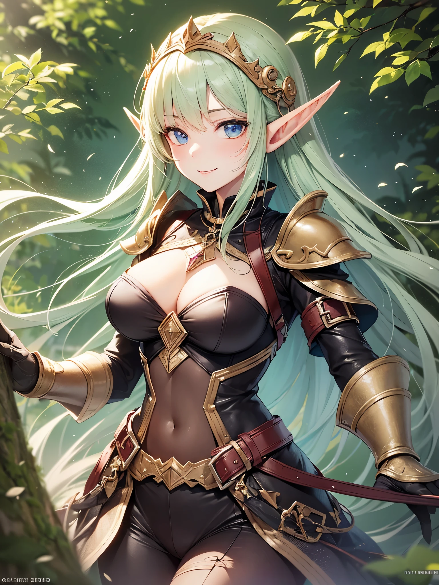 ((highest quality)),(ultra high resolution),(Super detailed),(detailed description),((best CG)),(best work of art),super precision art,amazing drawing art,(Fantasy art with precise details:1.5), (female elf:1.6),Finely detailed leather armor:1.7,elaborately crafted circlet:1.8, She stands by the riverside in the meadow where the wind is blowing, looking at you and smiling.。The soft sunlight surrounds her。I can see the little birds flying around energetically.。