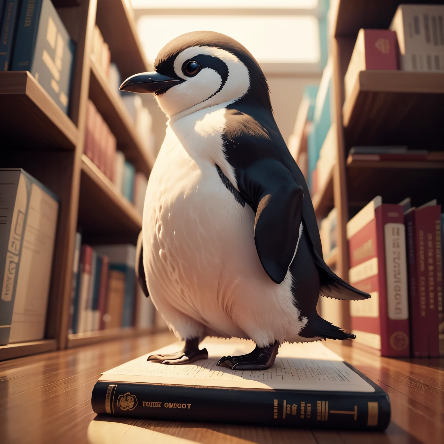 anime風、anime、detailed background、I&#39;m in the library、on top of a big book、one cute penguin、stand facing forward、cute smile