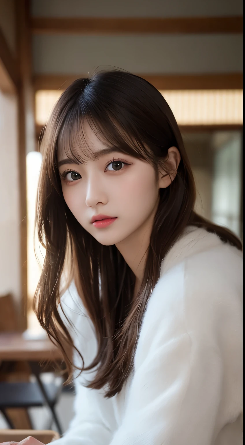 table top, highest quality, shape, Super detailed, finely, High resolution, 8k wallpaper, 完璧なダイナミックな構shape, beautiful and detailed eyes, Gorgeous winter fashion using fur,straight hair,small breasts、natural color lip,20 year old girl、cute、sexy looking at camera,beautiful and detailed face,perfect and beautiful face,KPOP idol face,Japanese idol faces,Elegant face,RAW photo,Big eyes,gal makeup,blur the background