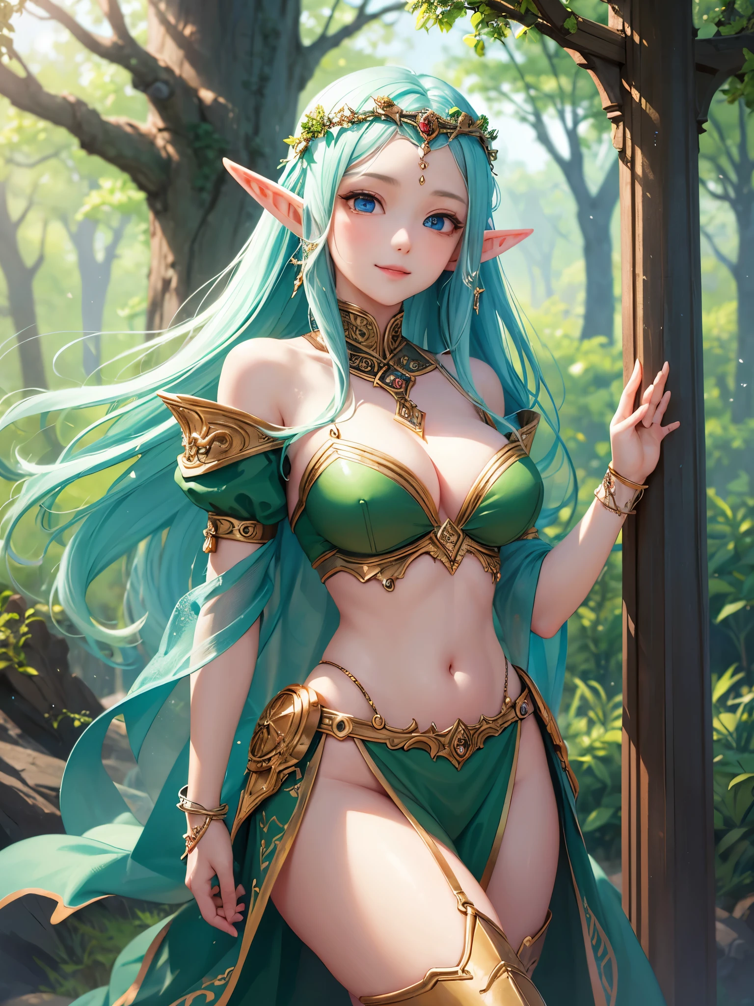 ((highest quality)),(ultra high resolution),(Super detailed),(detailed description),((best CG)),(best work of art),super precision art,amazing drawing art,(Fantasy art with precise details:1.5), (female elf:1.6),Finely detailed leather armor:1.7,elaborately crafted circlet:1.8, She stands by the riverside in the meadow where the wind is blowing, looking at you and smiling.。The soft sunlight surrounds her。I can see the little birds flying around energetically.。