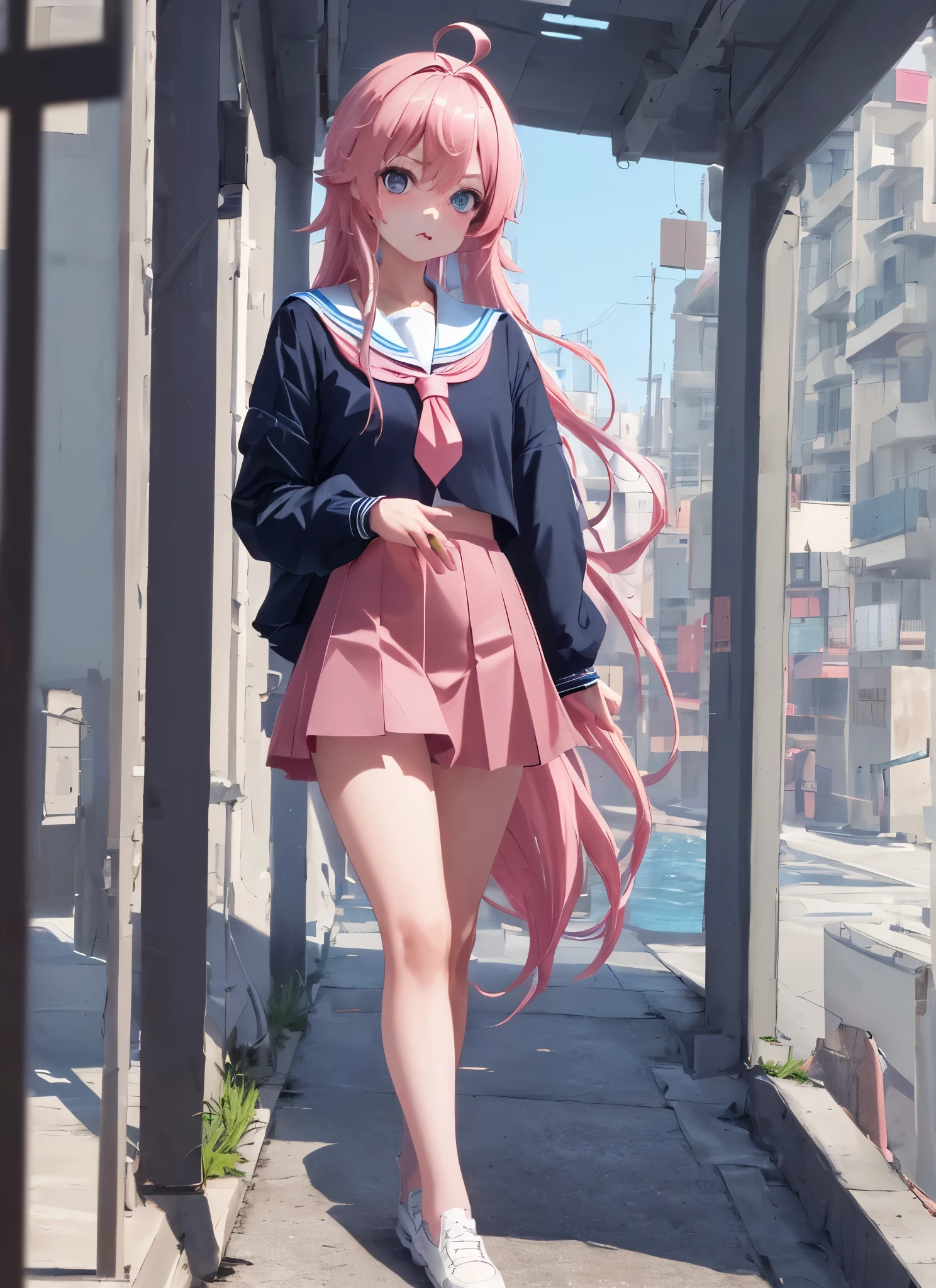 (highres,8k,masterpiece:1.2),young and adorable girl,pink long hair,short skirt,blue student sailor uniform,large eyes,pouty lips,exquisite features,the future world,cyberpunk,grandiose scenery