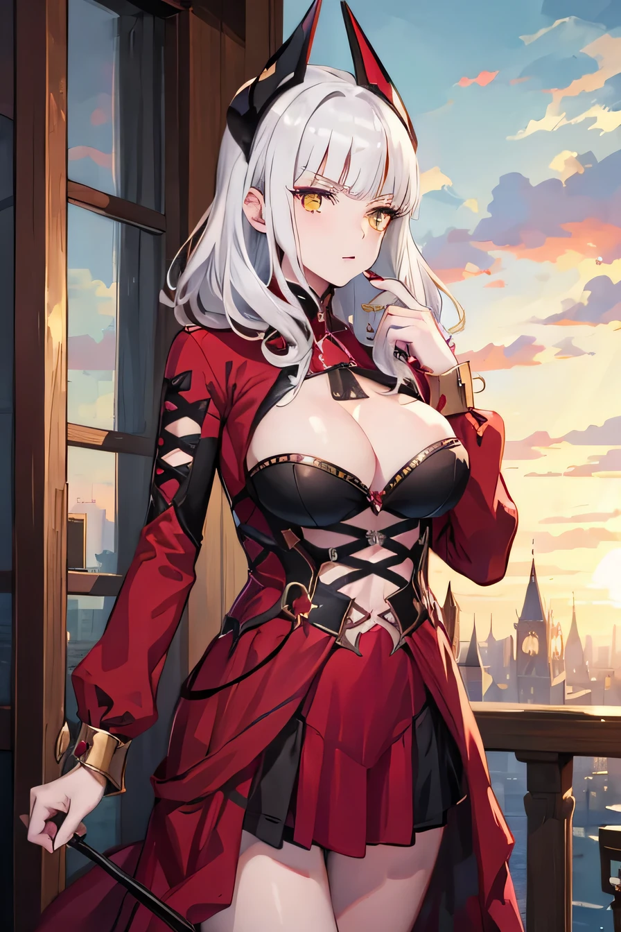 8k, masterpiece, 1woman, single, solo, beauty, white pale hair, amber eyes, noble lady, red coat, grey sweater, big breast, vampire, queen, Fate Grand Order, Carmilla, Elizabeth Bathory