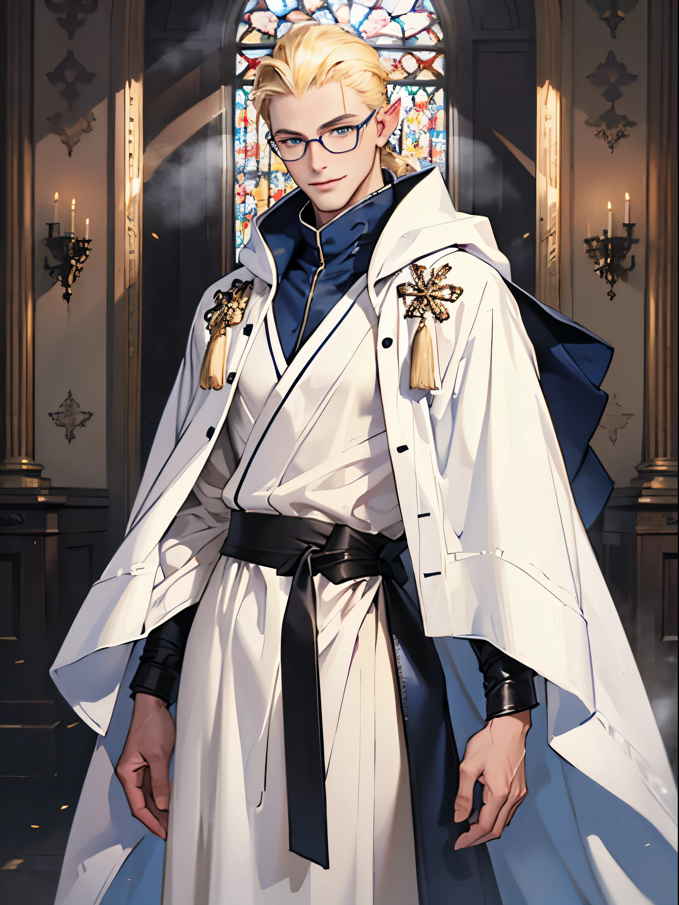(((((male))))), masterpiece, super detailed, 8K portrait, RAW photo, male's portrait photography, highly detailed face, beautiful and detailed eyes, ((fantasy)), 35 years old (((male))), (((male性の体))), goblin, 190cm, expensive, Glasses, ((blonde)) ponytail (((smooth back hair))), kind face, smile, (((dark blue long cloak))) fluttering in the wind, (((white long robe))), leather gaiters, midday sun, surreal, strong body, long legs, inside the castle, environmental lighting, shadow details , focus the camera on the face, strong wind, light fog
