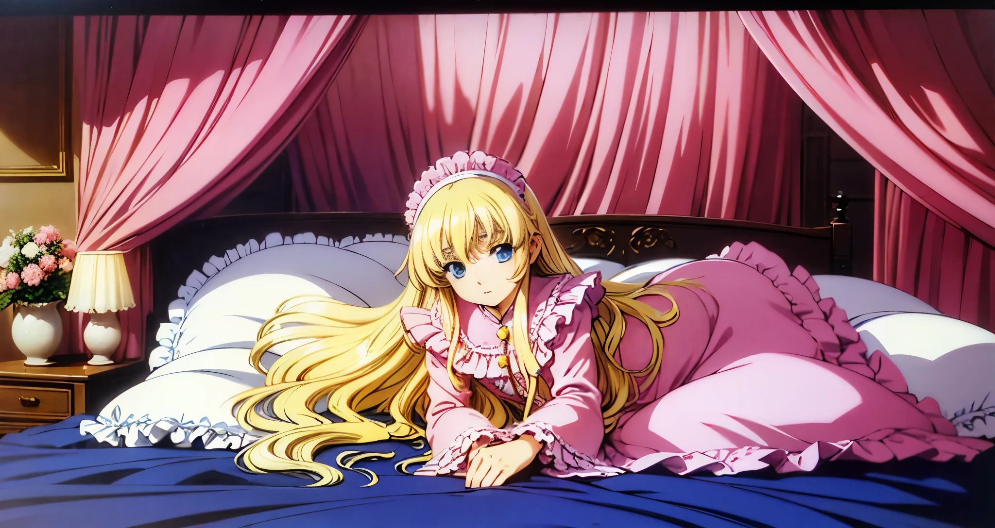 ,highest quality, masterpiece, highest resolution, artwork, super それにget used to it, many get used to it, get used to it, それにget used to it, 3K anime illustration,(( 10 year old girl)),Super detailed baby face,high quality small face,long blonde hair that grows to the waist,blue eyes,白い肌のeuropean,pajamas, european,(((super long blonde hair))),curly hair,blue eyes,((((ピンクのロリータファッションのlong skirtのワンピースドレス)))),((Pink dress with plenty of frills and ribbons)),((Luxurious headdress with frills and ribbons)),Detailed headdress,,(((big yoke collar))),Yoke collar with ruffles and ribbons,((((long sleeve)))),ruffle sleeves,((((long skirt)))),white ruffle and lace socks,large frill and ribbon pillow,(((fine pink costume))),豪華なcanopy bedの上,canopy bed,The bed is surrounded by luxurious curtains,many frilly pillows on the bed,A lot of frilly pillows behind the girl,super detailed background,detailed bed,soft pink comforter,Super detailed soft ruffle pillow,Beautiful girl illustration,super detailed beautiful face,detailed hair,detailed eye ,super detailed eyes,Super detailed eye highlights,super detailed mouth, arm details,fine hands,Detailed pillow,wide bed,Illustration on the bed, ,((((round futon)))),((((A large ruffled futon that covers the entire bed)))),detailed comforter,detailed bedシーツ,Before bedtime,romantic atmosphere,palace bedroom,((((The lower half of the body is hidden under the futon and the puffy skirt...)))) The girl is leaning on a pile of pillows, ,((((round futon)))),((((A large futon with frills that covers the entire bed)))),hugging a pillow,not wearing shoes,