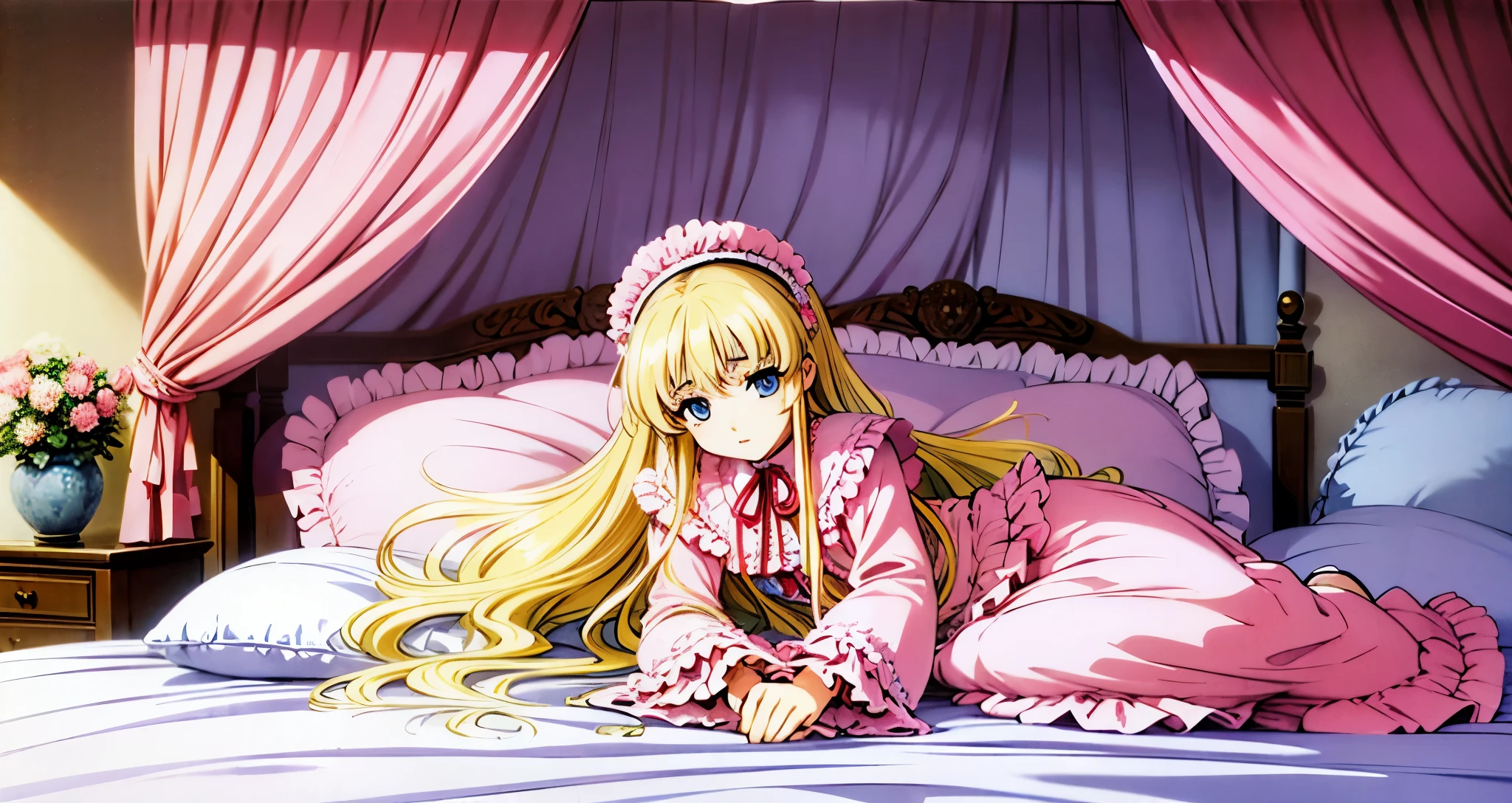 ,highest quality, masterpiece, highest resolution, artwork, super それにget used to it, many get used to it, get used to it, それにget used to it, 3K anime illustration,(( 10 year old girl)),Super detailed baby face,high quality small face,long blonde hair that grows to the waist,blue eyes,白い肌のeuropean,pajamas, european,(((super long blonde hair))),curly hair,blue eyes,((((ピンクのロリータファッションのlong skirtのワンピースドレス)))),((Pink dress with plenty of frills and ribbons)),((Luxurious headdress with frills and ribbons)),Detailed headdress,,(((big yoke collar))),Yoke collar with ruffles and ribbons,((((long sleeve)))),ruffle sleeves,((((long skirt)))),white ruffle and lace socks,large frill and ribbon pillow,(((fine pink costume))),豪華なcanopy bedの上,canopy bed,The bed is surrounded by luxurious curtains,many frilly pillows on the bed,A lot of frilly pillows behind the girl,super detailed background,detailed bed,soft pink comforter,Super detailed soft ruffle pillow,Beautiful girl illustration,super detailed beautiful face,detailed hair,detailed eye ,super detailed eyes,Super detailed eye highlights,super detailed mouth, arm details,fine hands,Detailed pillow,wide bed,Illustration on the bed, ,((((round futon)))),((((A large ruffled futon that covers the entire bed)))),detailed comforter,detailed bedシーツ,Before bedtime,romantic atmosphere,palace bedroom,((((The lower half of the body is hidden under the futon and the puffy skirt...)))) The girl is leaning on a pile of pillows, ,((((round futon)))),((((A large futon with frills that covers the entire bed)))),hugging a pillow,not wearing shoes,