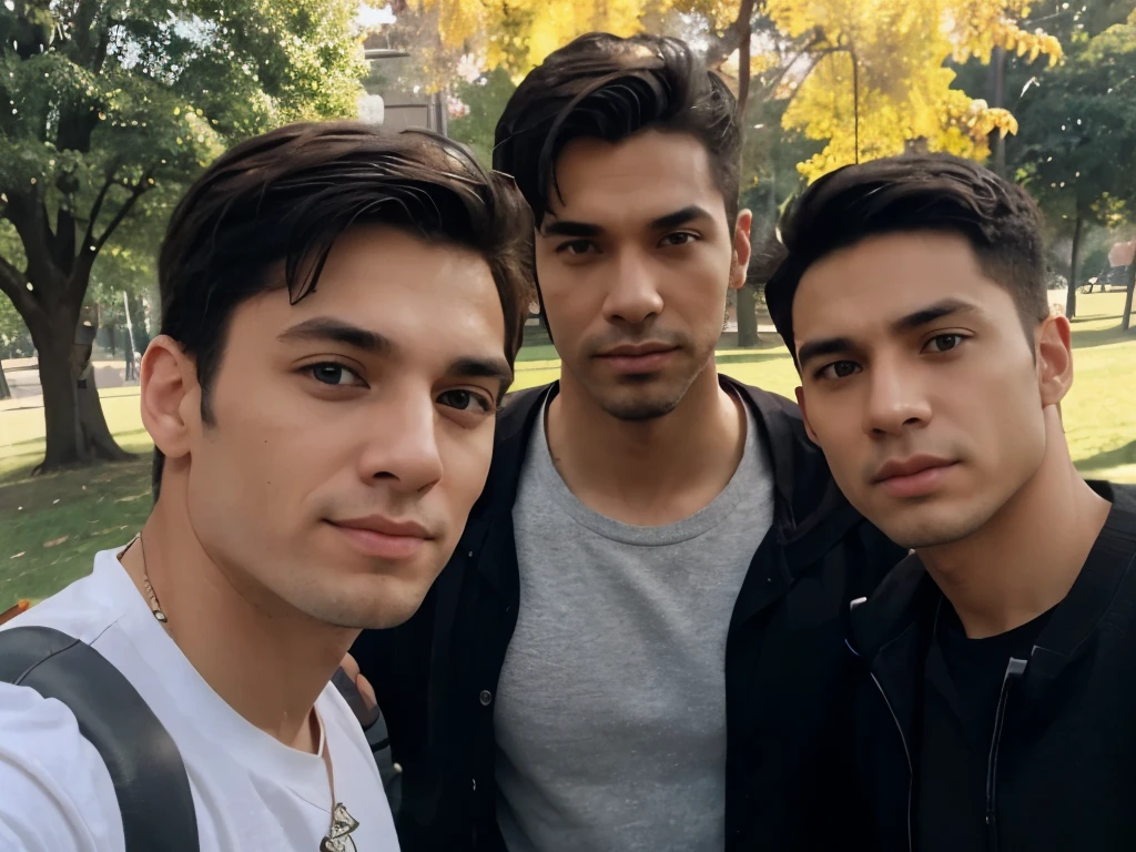 a men, at the park, sunny day, grey black clothes, all body at the park, brown eyes , ugly, 2 of 4 are all body see , 2 of 4 don't see face ,  not look photoshop , real photo like phone's camera  