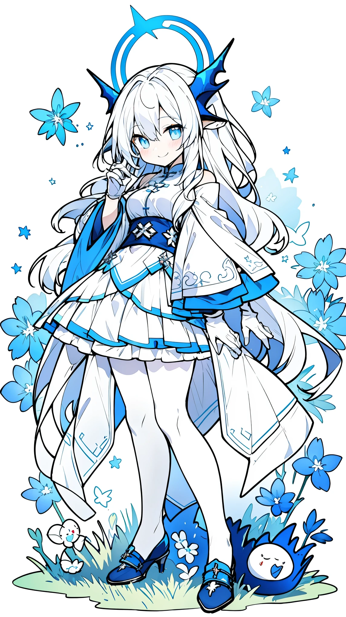 ((masterpiece:1.4,best quality))+,(Ultra-detailed)+,(super detailed eyes)+,(red leg rings:1.5),Cyan dragon horn
(cute girl),,(white eyes:1.15),silver hair,silver long hair,(Variza:1.2),pale skin,cold,Smile,一個誘人的Smile,green leaves,dragon girl,Dilapidated church,
(她穿着一件White连帽风衣,There's fluff on it:1.5),(White长裙:1.4),White shirt ,White gloves,blue ribbon,thin legs,cyan halo,dragon tail,Blue star,blue flowers,White的龙翼,Green grass,bright flowers,
(dragon girl:1.1),
(Dawn light:1.2),White,
(Thick black and white:1.16),(depth of field:1.4),