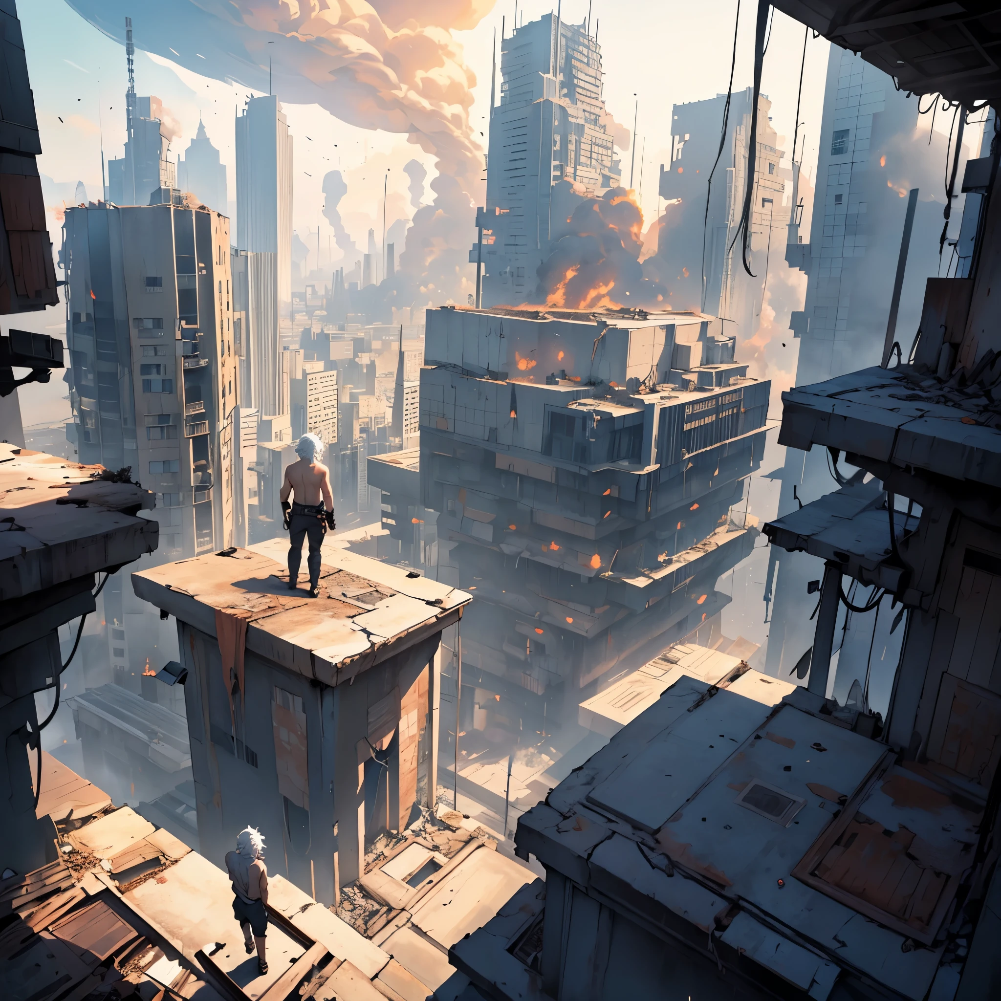 white hair man shirtless on top of a building looking at the burning city in an epic view, no estilo de anime, paisaje todo ardiendo, apocalyptic