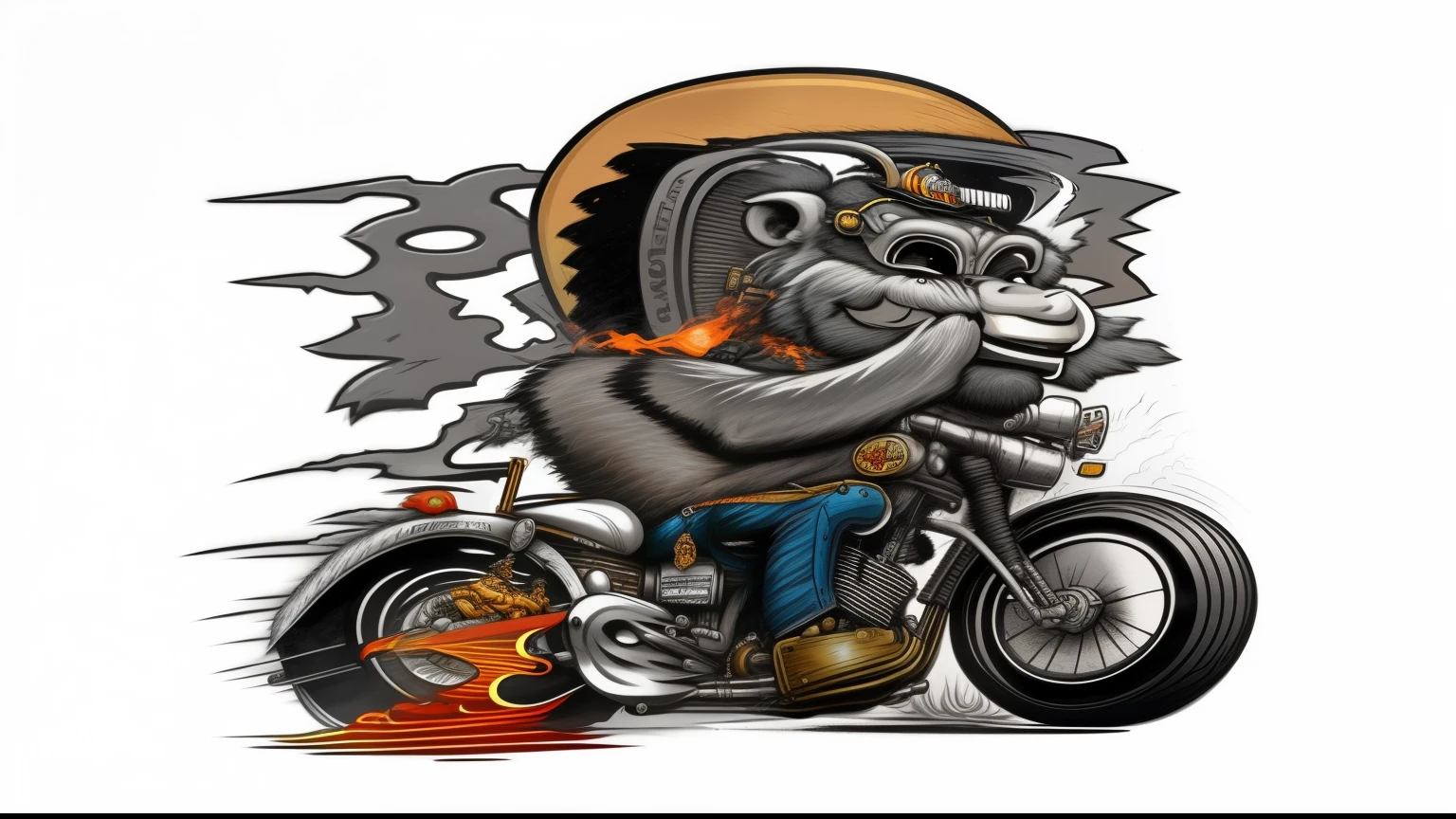 a cartoon gorilla riding a motorcycle with flames coming out of it, inspired by Alex Petruk APe, biker, mascot illustration, motorbiker, by Alex Petruk APe, rat fink style, motorcycle concept art, cartoon style illustration, humanoid monkey fantasy race, motorcycle, extreme illustration, arte lowbrow style, riding steampunk motorcycle, picture of a male biker