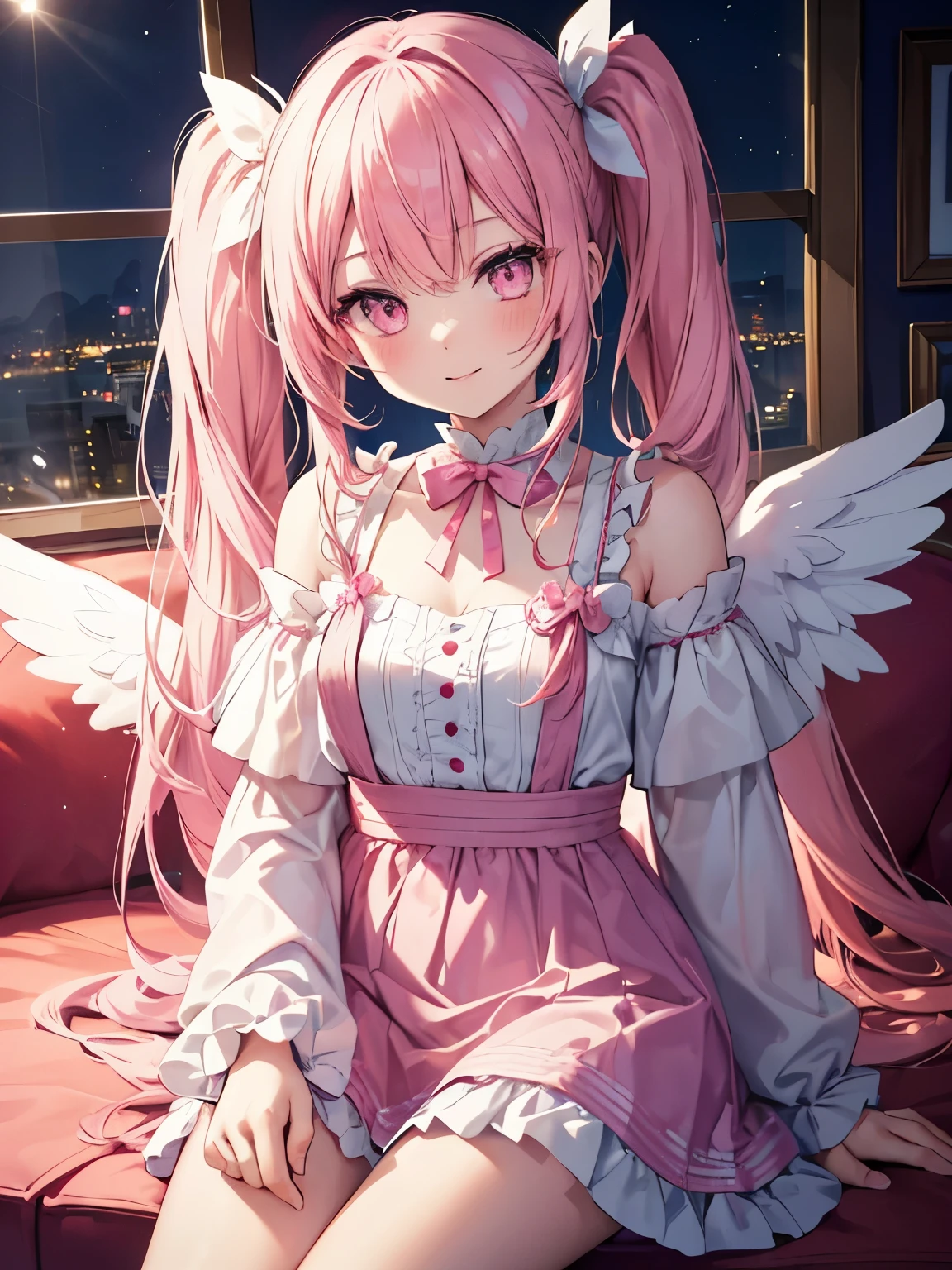 table top, highest quality, (perfect face:1.1), (high detail:1.1), (very detailed目), dramatic, Ultra-fine illustration, very detailed,1 girl, teenager,(white skin), Happy, smile, enjoy,open your mouth,Glow eye,pink hair, (long twin tails),mysterious eyes, pink eyes,blush, alone,swollen lips,cinematic lighting,looking for audience, cowboy shot,long sleeve,pink princess dress,Angel&#39;wing,long length,indoor,living room,sitting,night