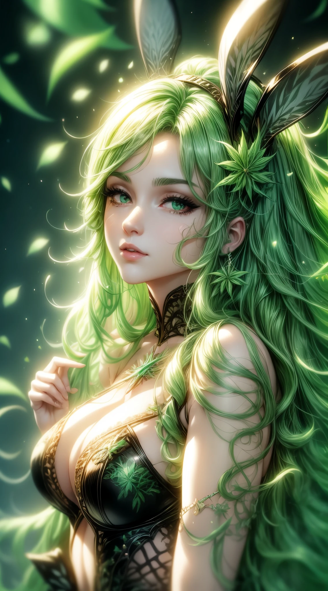 text "Mary Jane", A closeup of a woman with a  leaf on her head, personification of , Jen Bartel, maconha!, Tema Maconha, in illustration style digital, inspirado por Mary Jane Begin, extremely high quality artwork, matte digital illustration, Maria Jane, asymmetrical , maconha, Arte Digital. @mariomaniacdude, erva daninha, paranoia da , green hair, floating hair, glowing eyes, star-shaped pupils, rabbit ears, smelling, glowing light, backlighting, first-person view, wide shot, Ultra-Wide Angle, Sony FE, masterpiece, ccurate, anatomically correct, textured skin, high quality, high details, super detail, highres, HD, 4K, 8k, 16k
