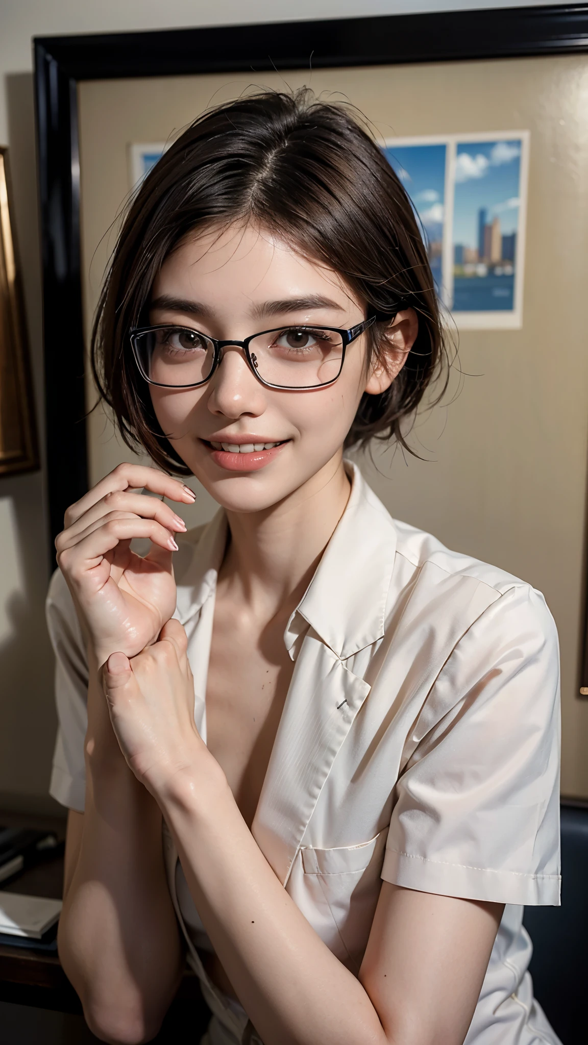 highest quality, masterpiece, ultra high resolution, (realistic:1.3), (close portrait) RAW photo, 1 girl, 22 years old,Medium chest,((mole on mouth)),(((business suit))),((square glasses with thin black frames)),((clean short hair)),masterpiece, realistic pictures, japanese pictures, fuji negative film,POCARI SWEAT ads ((Medium chest)),((toothy smile)),brown hair