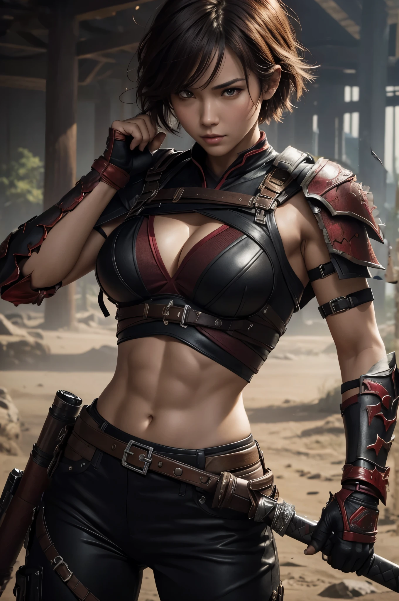 8k,荒れた大地adventure者の衣装,Travel through the dusty wilderness,light brown short cut hair,super beautifulな日本の女性, Red and black large chest chest armor(demon emblem),super beautiful(like the real thing),Red and black shoulder armor for the left shoulder(demon emblem),red and black combat pants,sexy,deviantart artstation cgscosiety, 3Dレンダリングcharacter art8 K, Alena Aenami and Artgerm, Wojtek Fuss, Trending in Artstation 8k, Trending with Art Station HD, Adventure ultra-realistic rendering, Perfect body with realistic shading, photorealistic perfect body, ultra high resolution,high quality,sexy,brown short hair,strongly cracked abdominal muscles,muscular slim body,muscular slender lower body,Close-up,masterpiece,最high qualityのフォトリアリスティックなRAW写真。bright colors,rich colors, Backlight, cinematic lighting, film grain, to be born, 50mm lens, Nikon D850,realistic skin,fantasy art,character art,sharp gaze,adventure,Holds a long and large Japanese sword,brown combat jacket,red and black gauntlet(demon emblem),battle scene,dynamic pose,action pose,shout,