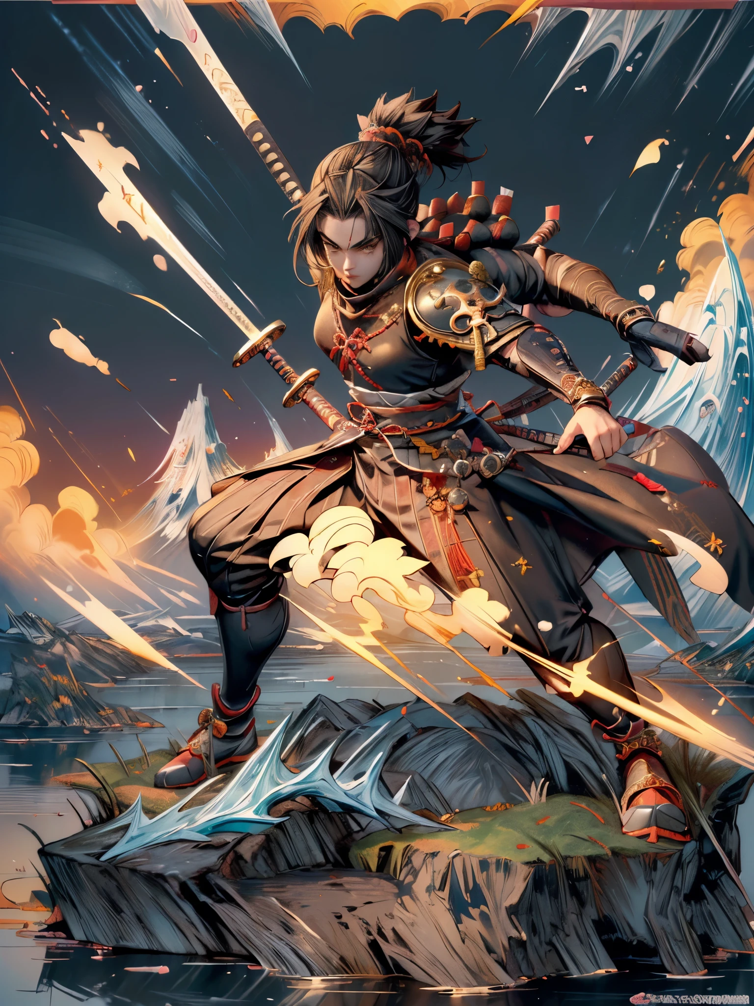 ((Japan samurai costume:1.5)，((female warrior))，Ancient battlefield，dynamic posture，long sword，armor，burning sky，mountains background，Expression of determination，braid，background allies，The atmosphere is strong，heroism，Beauty，reality，50mm lens shooting，composition，masterpiece, Exquisite, Color proofing，Amazing visual effects，Crazy details，Intricate details，sharp focus，Ultra-high effect，HD，8k，((anatomically correct:1.5))