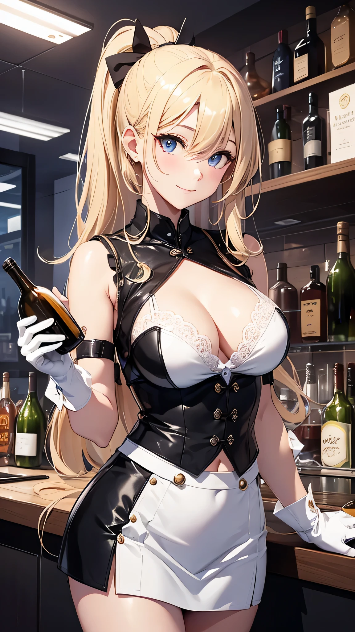 最high quality、best image quality、masterpiece、age girl((20-year-old、 By becoming、vest bust、medium bust,wide open breast tea、shining eyes, blonde hair、long hair、thin,highest valley、ponytail、Bartender costumes、mini skirt、holding a wine bottle、smile、black gloves、chest holder、breastfeeding、leaning forward)),high quality、beautiful art、background((night bar))debris flies、Depth of written boundary、movie、visual art、perfect art、8k,genuine、