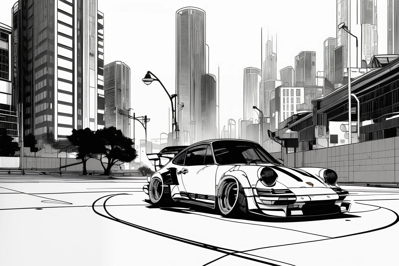 nvinkpunk, painting of a city with a Porsche 911 rwb rotting,wide bodykit, high quality,