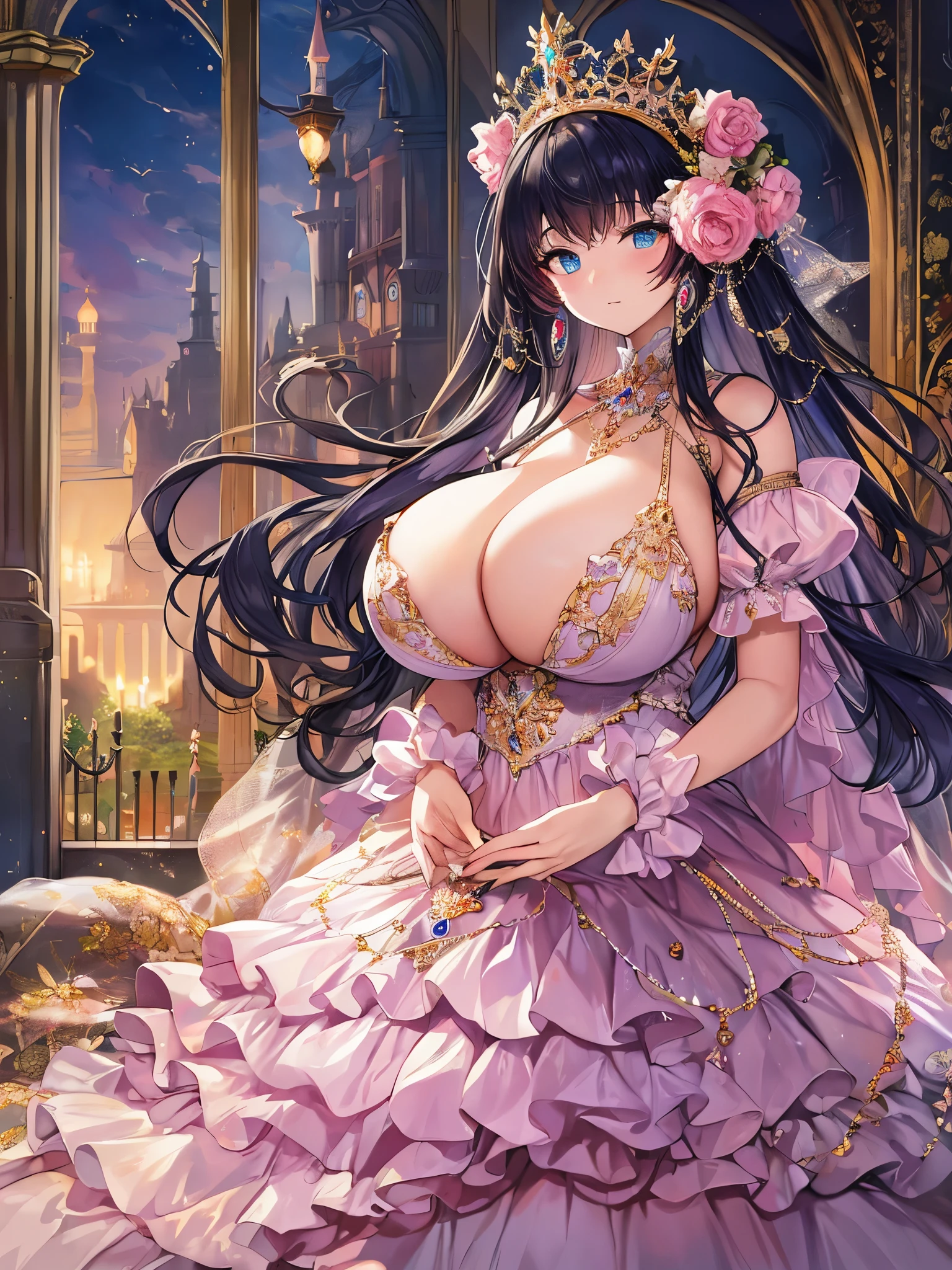 anime artstyle,Masterpiece,Best Quality,Super Detail,Very Delicate and Beautiful,Solo,full body,full body portrait,((1 princess in a jeweled rococo ballgown with beautiful embroidery)),(((very gigantic tits))),cleavage,Skindentation,((fantasy castle,outdoor)),((crinoline,long train)),super detailed gorgeous princess ballgown with voluminous full length hoop skirt,gorgeous princess rococo ballgown with long train,gorgeous princess rococo ballgown with beautiful embroidery and jeweled,(detailed face and eyes),jewel-like eyes,((extremely voluminous straight Hair,Extremely Long Straight Hair)),extremely gorgeous hair ornament,((extremely gorgeous jeweled big tiara)),luxurious jewelry,((super detailed gorgeous princess rococo ballgown with voluminous full length hoop skirt)),full body