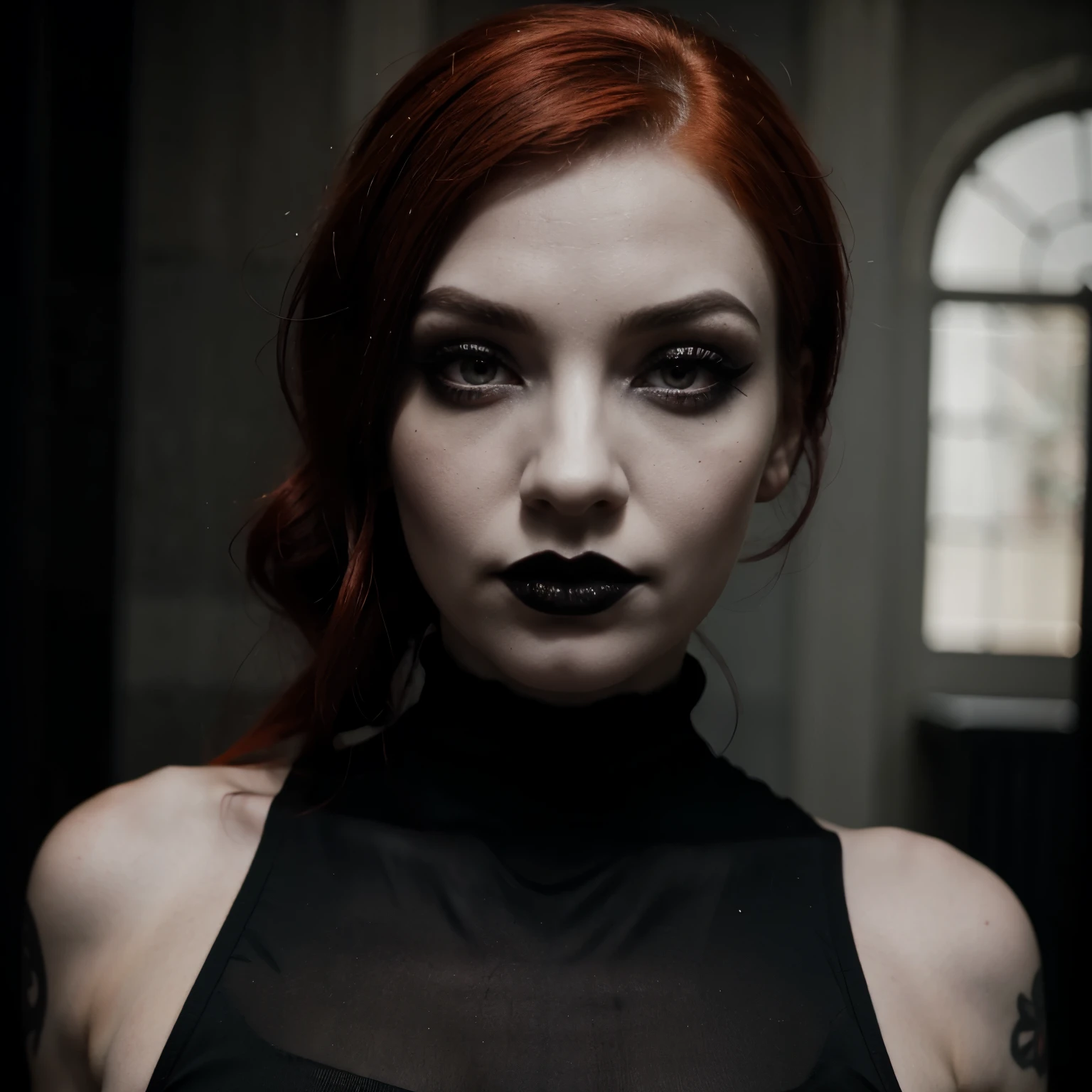 Goth red head, gothic scene, white makeup, stare, muscles, black lipstick