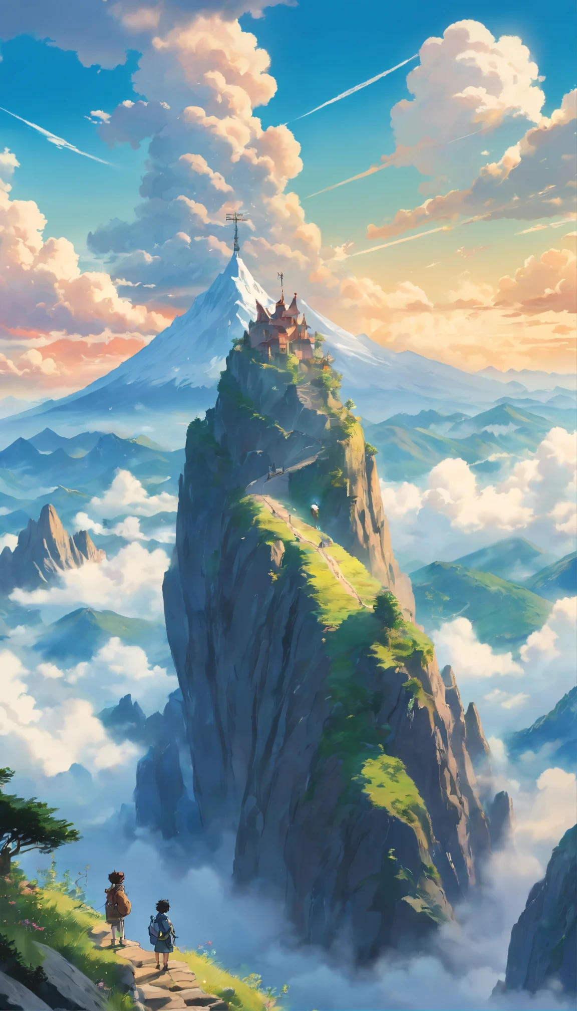 there are two people climbing up a mountain with a view of the clouds, a detailed matte painting inspired by Michael Komarck, unsplash, romanticism, chamonix, photo epic of the year, max rive, breath taking, epic stunning atmosphere, national geographic footage, rise above clouds, stunning skied, above the clouds, gopro footage