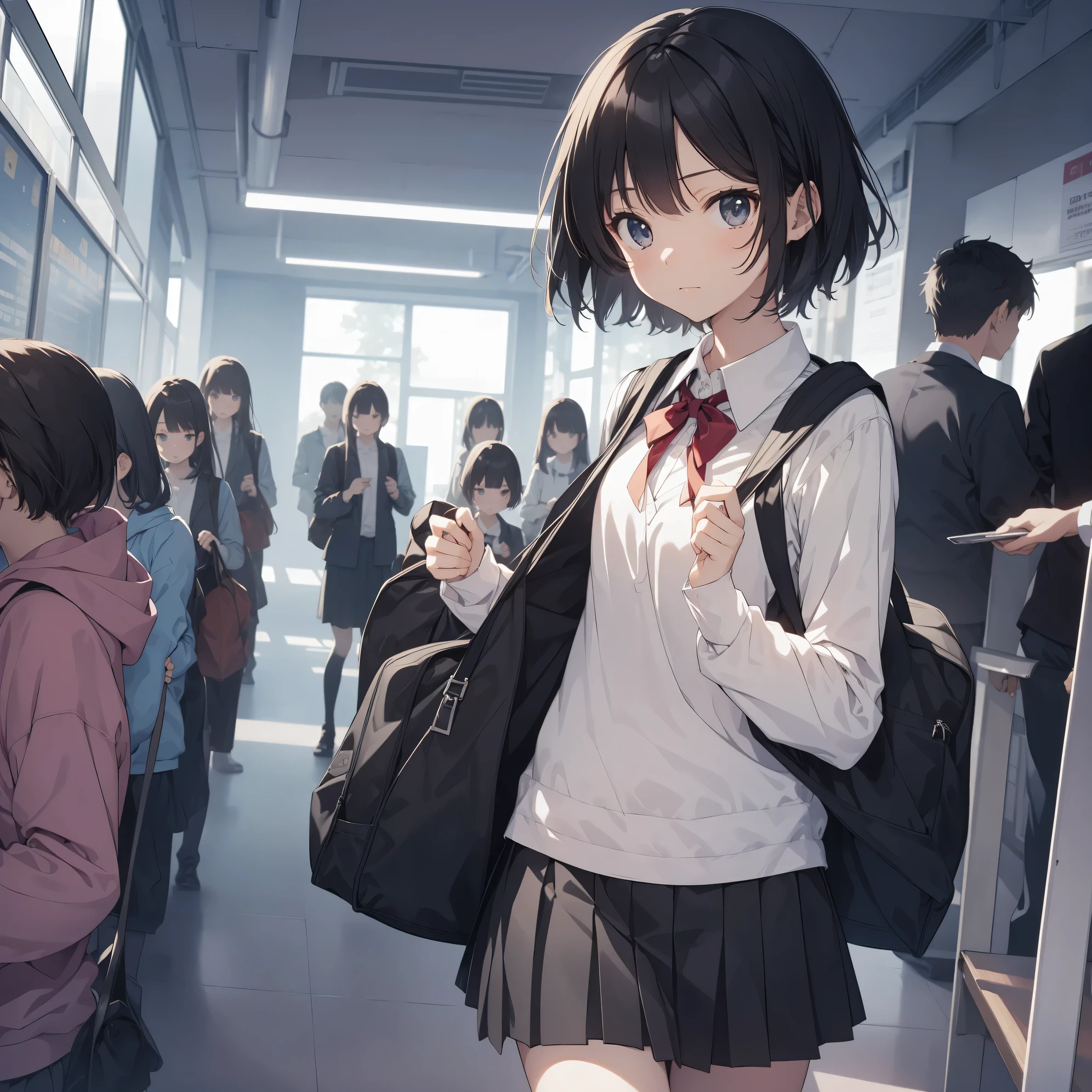 Ultra-highest quality by the art god, super detailed, High resolution, anime moe art style, Best Anime 8K Kona-chan Wallpaper, pixiv contest winner, perfect anatomy, break,(眠そうにalone学校へ行く女の子を描いてください. )break,1 girl, (alone,little woman, , 13 years old:1.3),All limbs, full finger,, The charm of an immature body, (very short hair), bangs, bow, flat chest, Small Bodysuits, small ass, between legs, small black eyes, detailed and beautiful eyes, Well-proportioned iris and pupils, expressive eyes, High resolutionの詳細な髪, ribbon, neck ribbon, skirt, collared shirt, pleated skirt, school uniform, school bag,(detailed lighting), (detailed background), On the way to school. break,super dense skin, Best lighting by famous artists, 8k, cute illustration,Hmm, rough skin