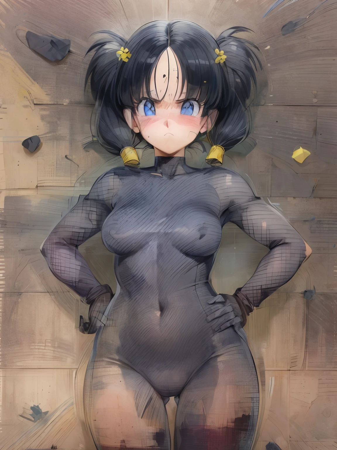 masterpiece, highest quality, High resolution, Full body image of a girl,saw 2, blue eyes, black hair, Low twintails and short cut, medium breasts, frown,blush, 1 girl, Black tight suit,streak,place both hands on hips, looking at the viewer。black quagmire,Wandering in the swamp