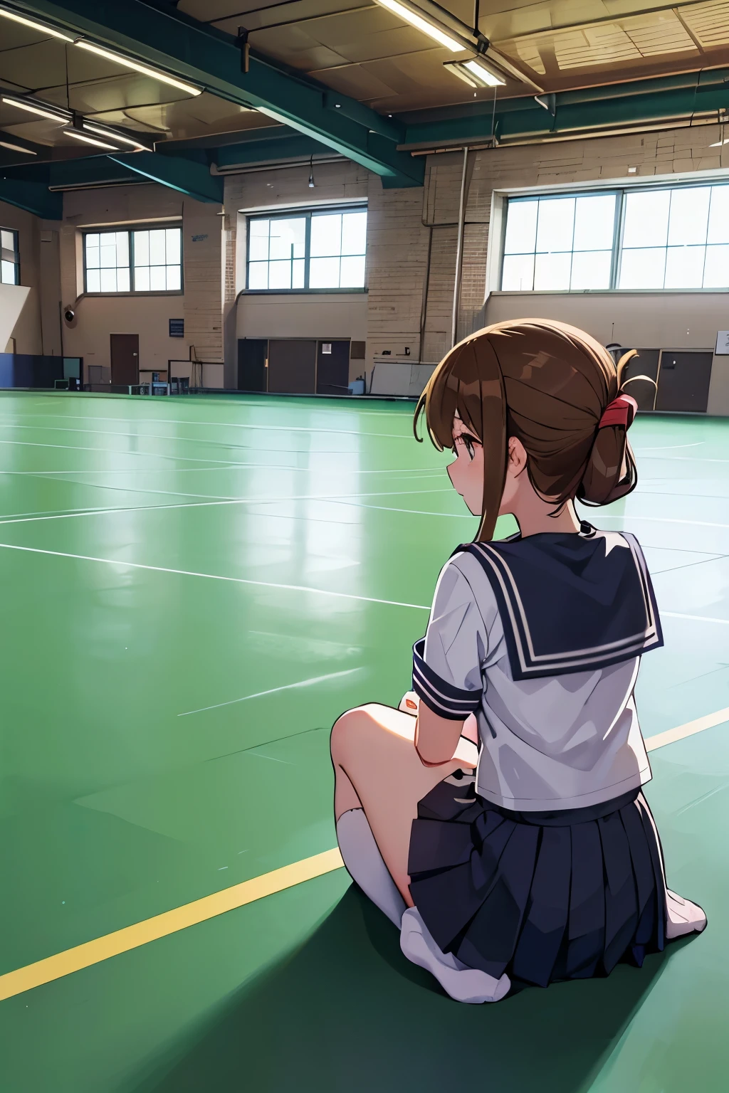I am sitting on the floor of the school gymnasium and observing classes because I am not feeling well.(masterpiece, best quality:1.2),illustration,8k,hd,1girl,solo,upper body,(portrait:1.2),brown_hair,folded_ponytail,brown_eyes,serafuku,long_hair,school_uniform,skirt,pleated_skirt,