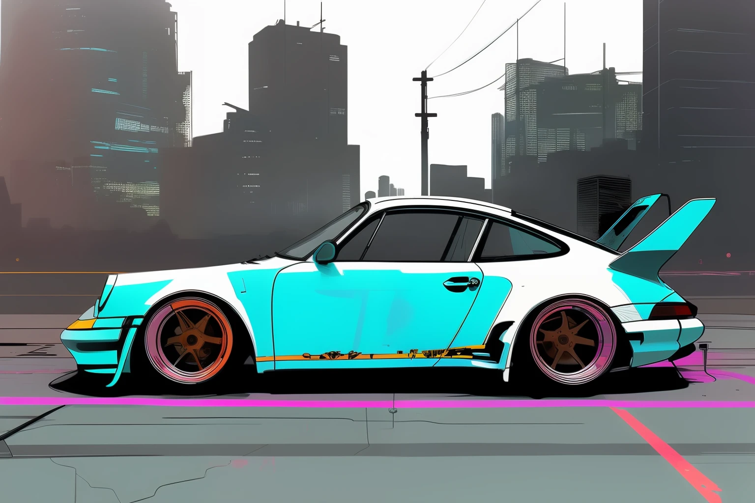 nvinkpunk, painting of a city with a blue Porsche 911 rwb rotting,wide bodykit, high quality,