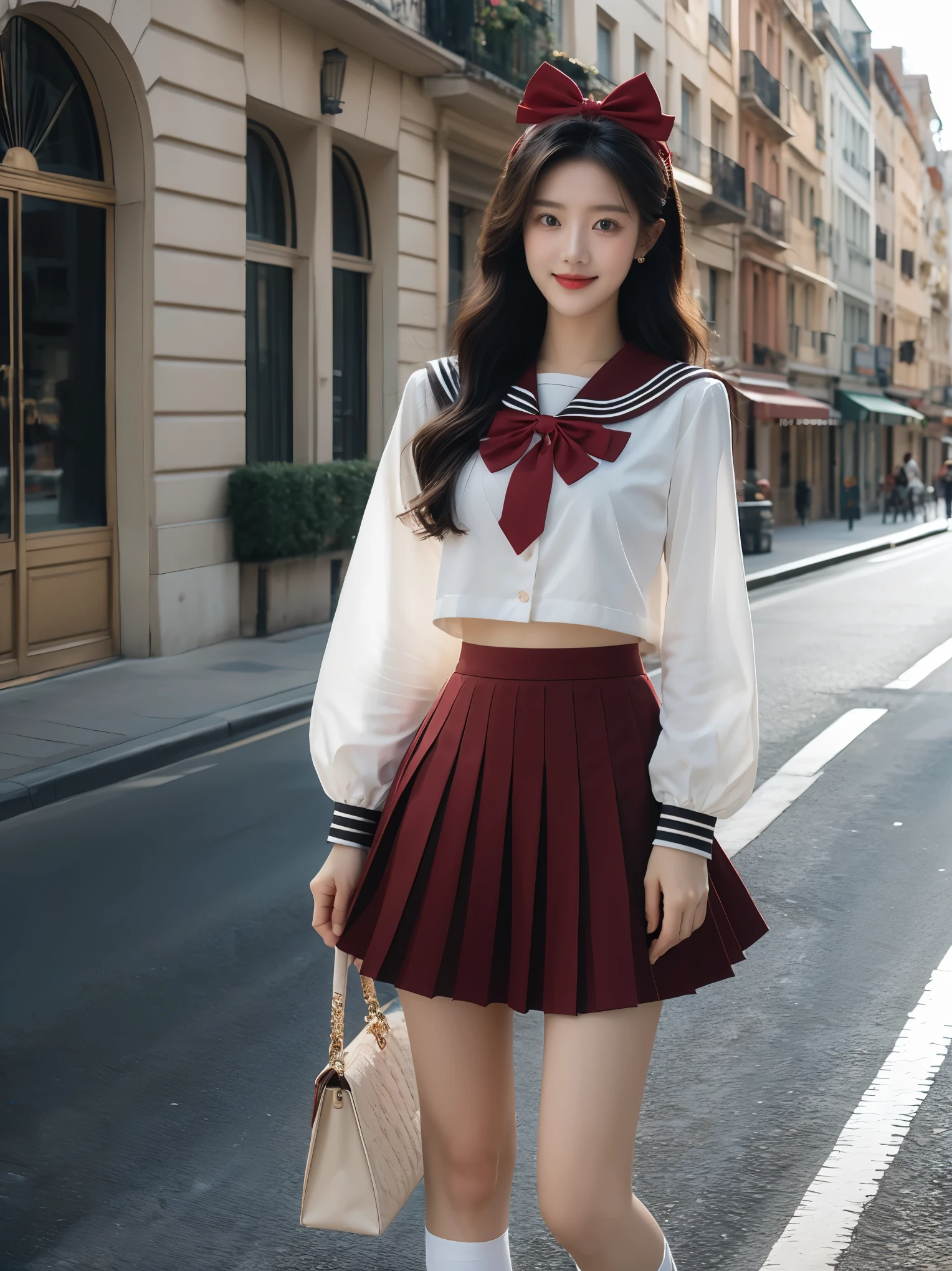 1girl, solo, long hair, looking at viewer, smile, skirt, brown hair, shirt, black hair, long sleeves, bow, holding, brown eyes, school uniform, white shirt, hair bow, pleated skirt, outdoors, serafuku, sailor collar, bag, red bow, red skirt, ground vehicle, building, motor vehicle, hand in pocket, city, realistic, car, road, holding bag, street