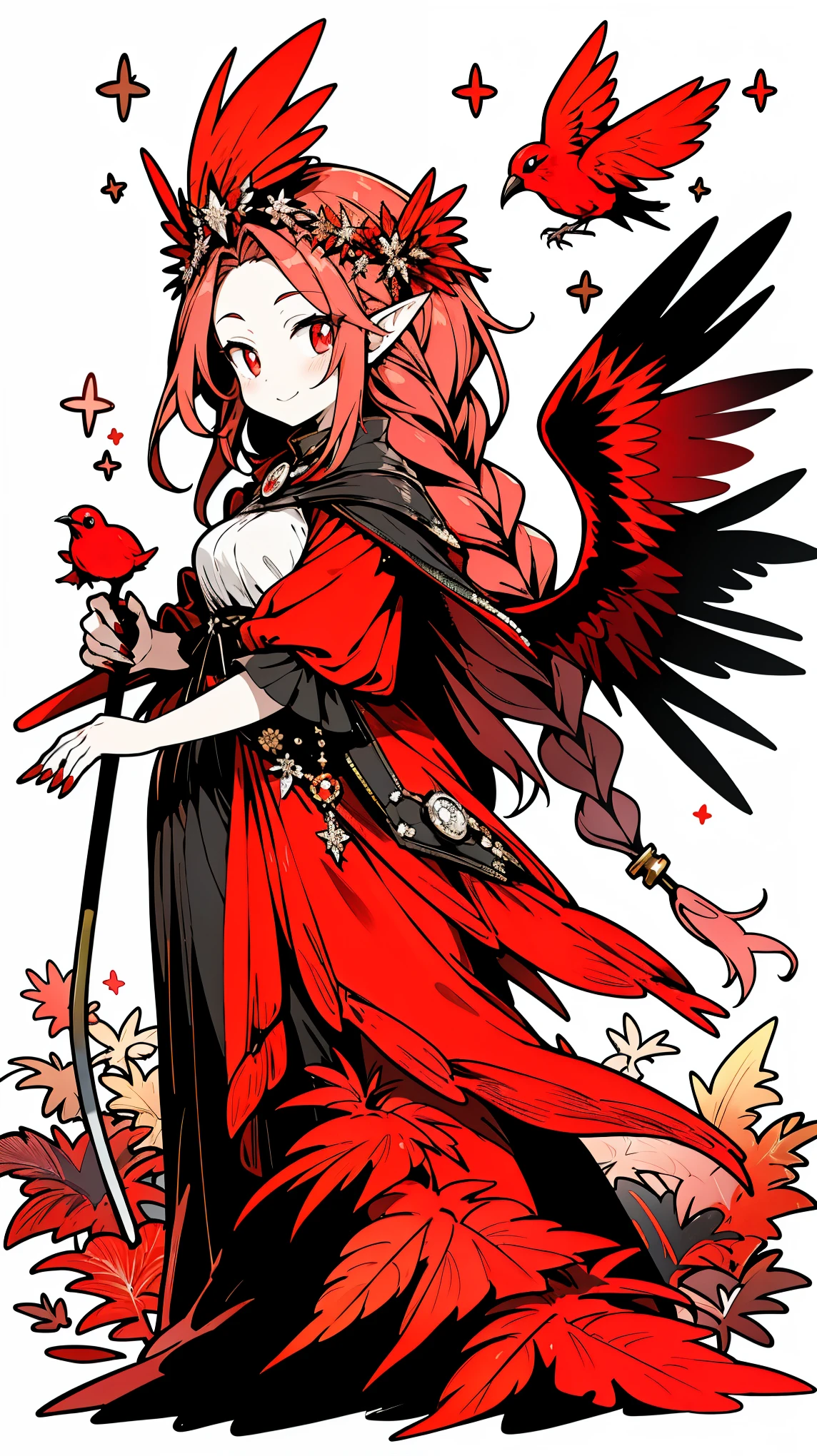((masterpiece:1.4,best quality))+,(Ultra-detailed)+,(super detailed eyes)+,(winged ears:1.5),
(cute girls),15 years old,(crimson pupils:1.15),dark blonde hair,long braids,Thick hair(Variza:1.2),Pale complexion,giggle,red rhombus crystal,red bird feathers,
(She wears conservative red and yellow feathered costumes,black pattern,:1.5),(Starry Sky Cloak:1.4)The sleeves are very long,red bird feather headdress,wings of fire,Baiyun,A sea of red leaves and trees,Dream bubbles,Crow crows,red nails,green leafy corolla,
(bird feathers:1.1),
(Dawn light:1.2),
(Thick black and white:1.16),(depth of field:1.4),,intricate details,