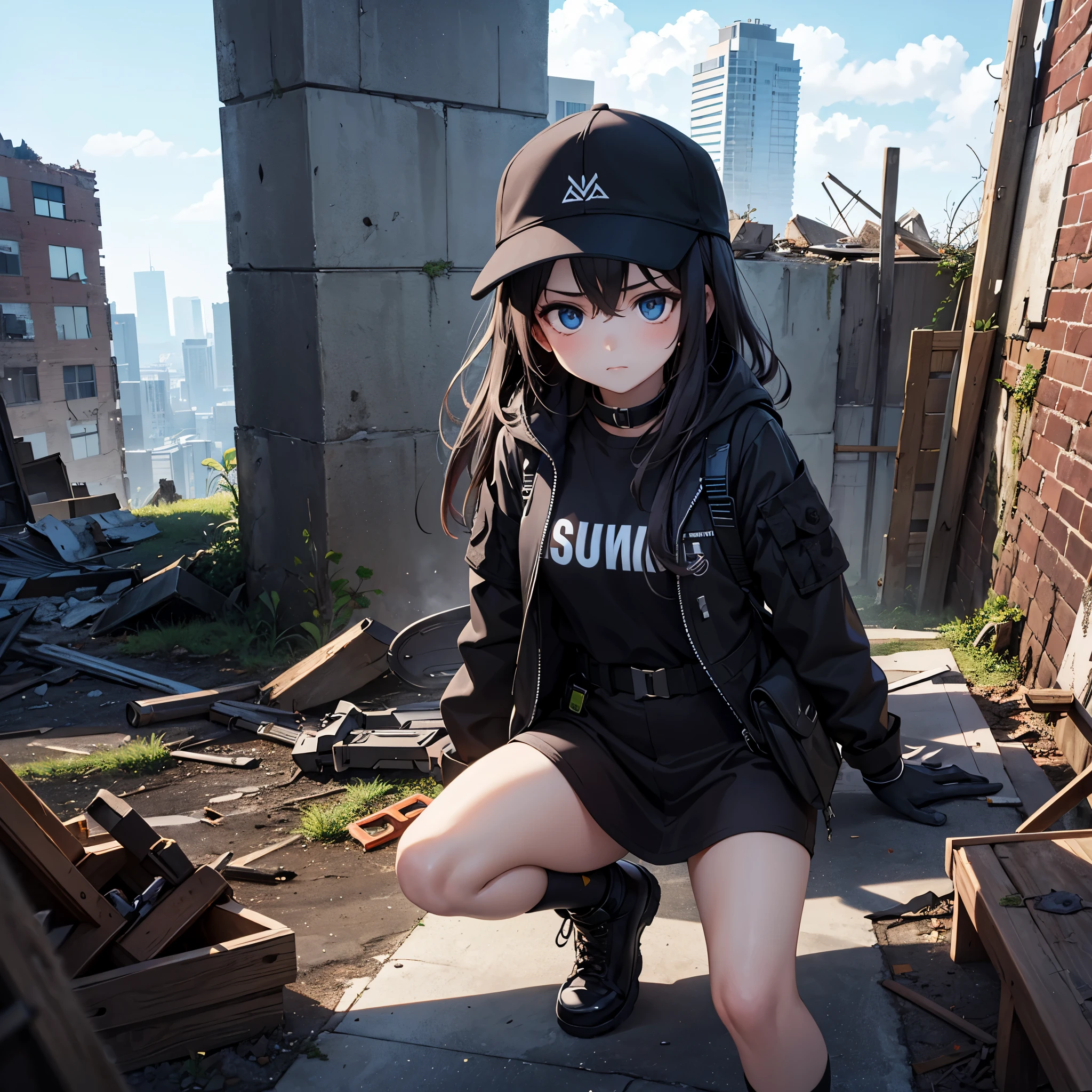 One girl, only one girl, tactical clothing, black hat, sunglasses, stern face, glove, in an abandoned building