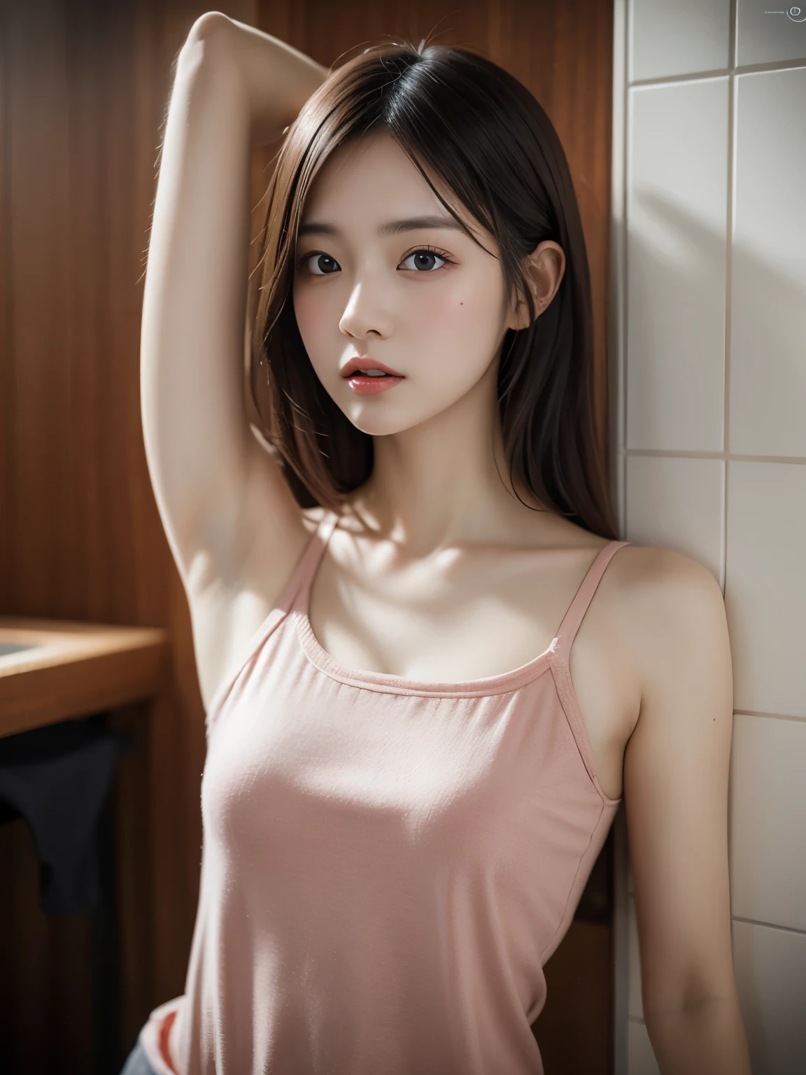 Highly detailed CG Unity 8k wallpaper, top quality, super detailed, table top, realistic, photo-realistic, Highly detailed cute girl, 27 years old,viewer,  blush, parted lips, Upper body , (armpit) , (Sweat) , camisole , Bathroom